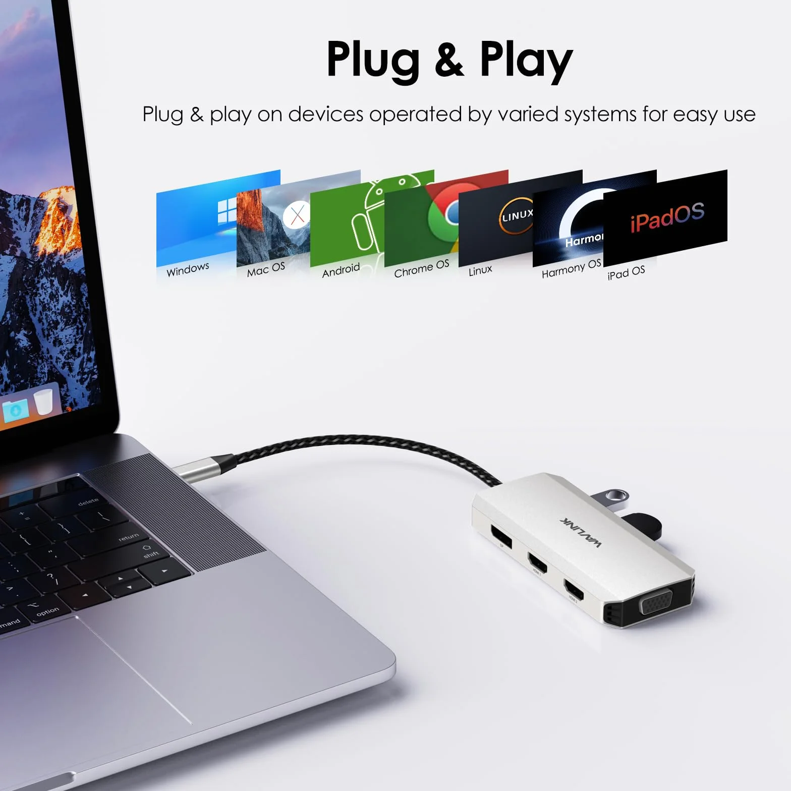 WAVLINK Docking station USB C Quad Monitor, docking station HDMI con doppia porta HDMI, DP, VGA, USB2.0 per Lenovo HP Dell, computer di sistema Windows