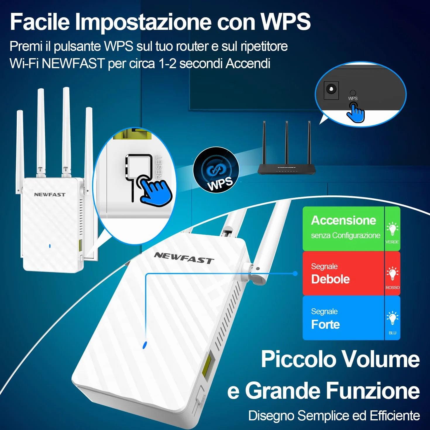 NEWFAST Ripetitore WiFi Potente per Casa, Extender WiFi Potente 2.4GHz N300 Amplificatore Wi-Fi con 4 Antenne ad Alto Guadagno, Porta LAN, Supporta 4 Modalità, WPS Funzione (RE516)
