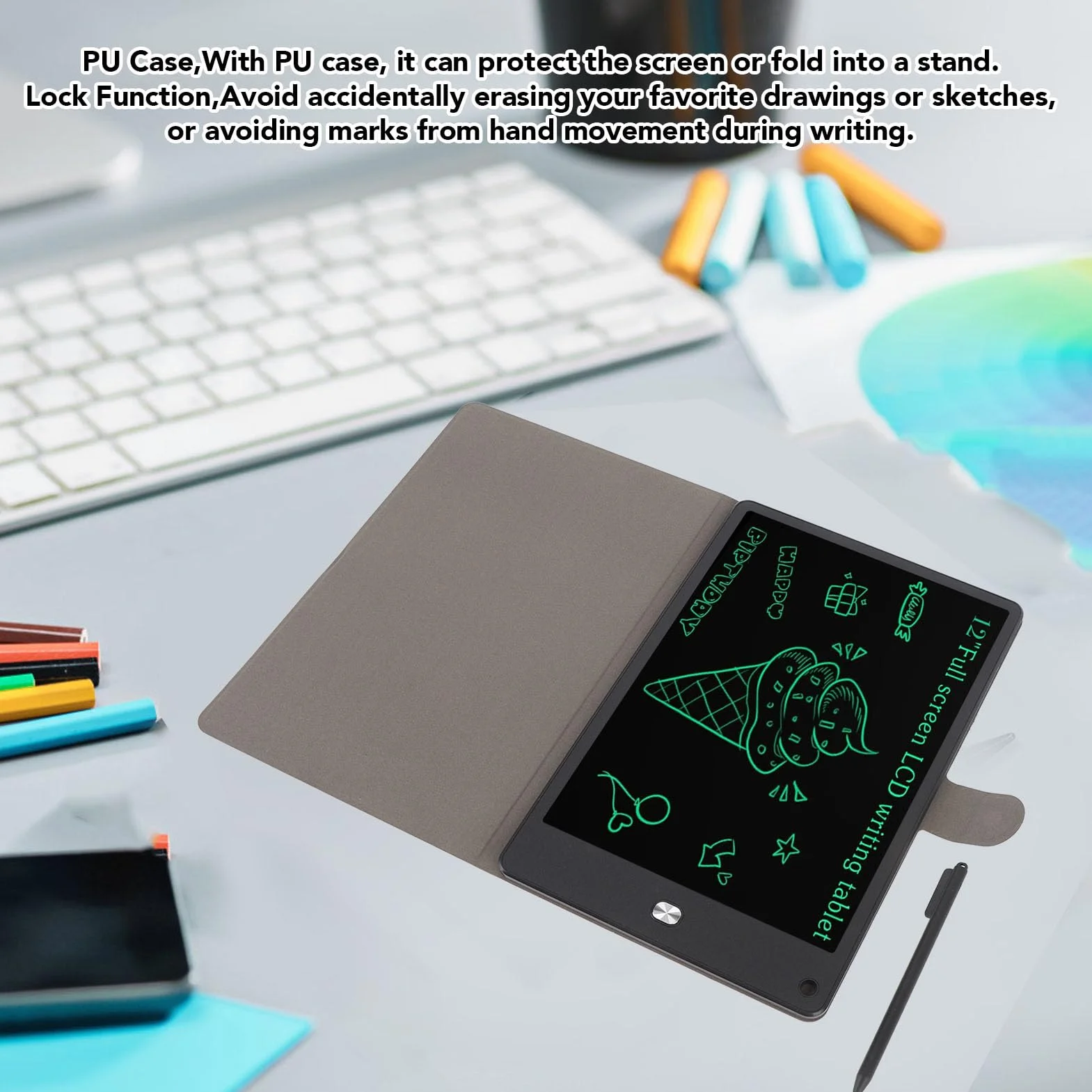Tablet di Scrittura LCD 12 Pollici per Adulti, Schermo Intero PU, Nero