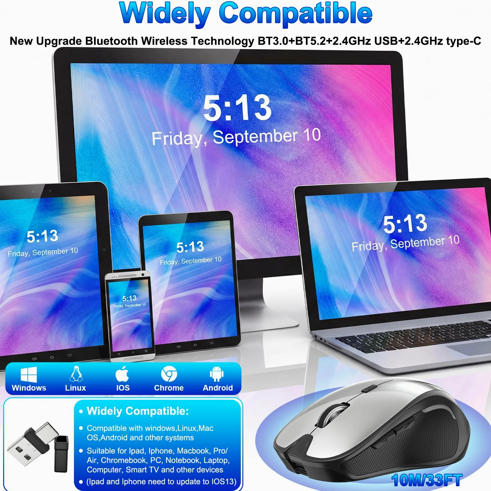 Mouse per MacBook Bluetooth Wireless Mouse Laptop MacBook Air Mac Pro Silenzioso Ricaricabile PC iPad Mouse Ottico con Jiggler Dual Mode Switch Bluetooth 5.2/3.0 e 2.4GHz USB Type-C Receiver SILVERY