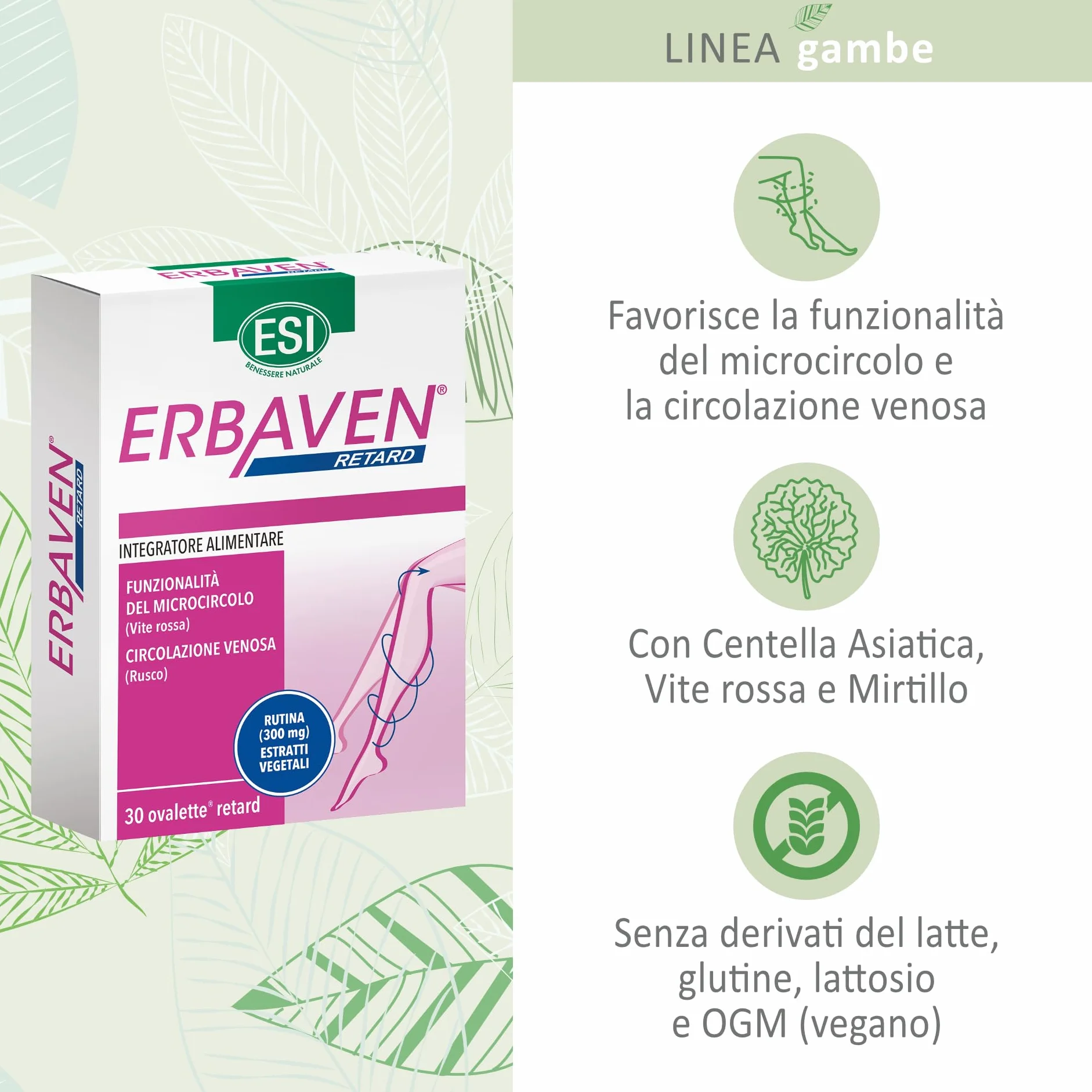 ESI Erbaven Retard Integratore Alimentare Vite Rossa Rutina Rusco Microcircolo Circolazione Venosa 30 Ovalette Retard