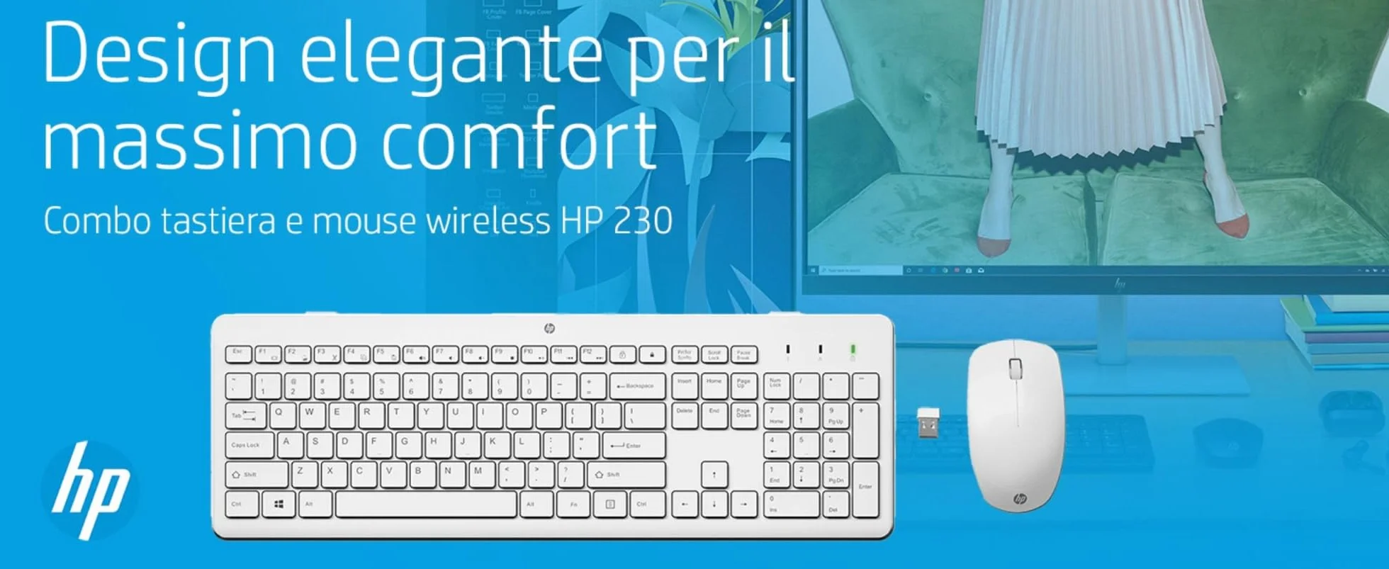 HP 230 Combo Tastiera e Mouse Wireless con Dongle USB-A a 2,4 GHz, Digitazione Silenziosa, Tasti Scelta Rapida e 12 Funzioni, Tastierino Numerico, Mouse a 1600 DPI, Rotella Scorrimento, Bianca