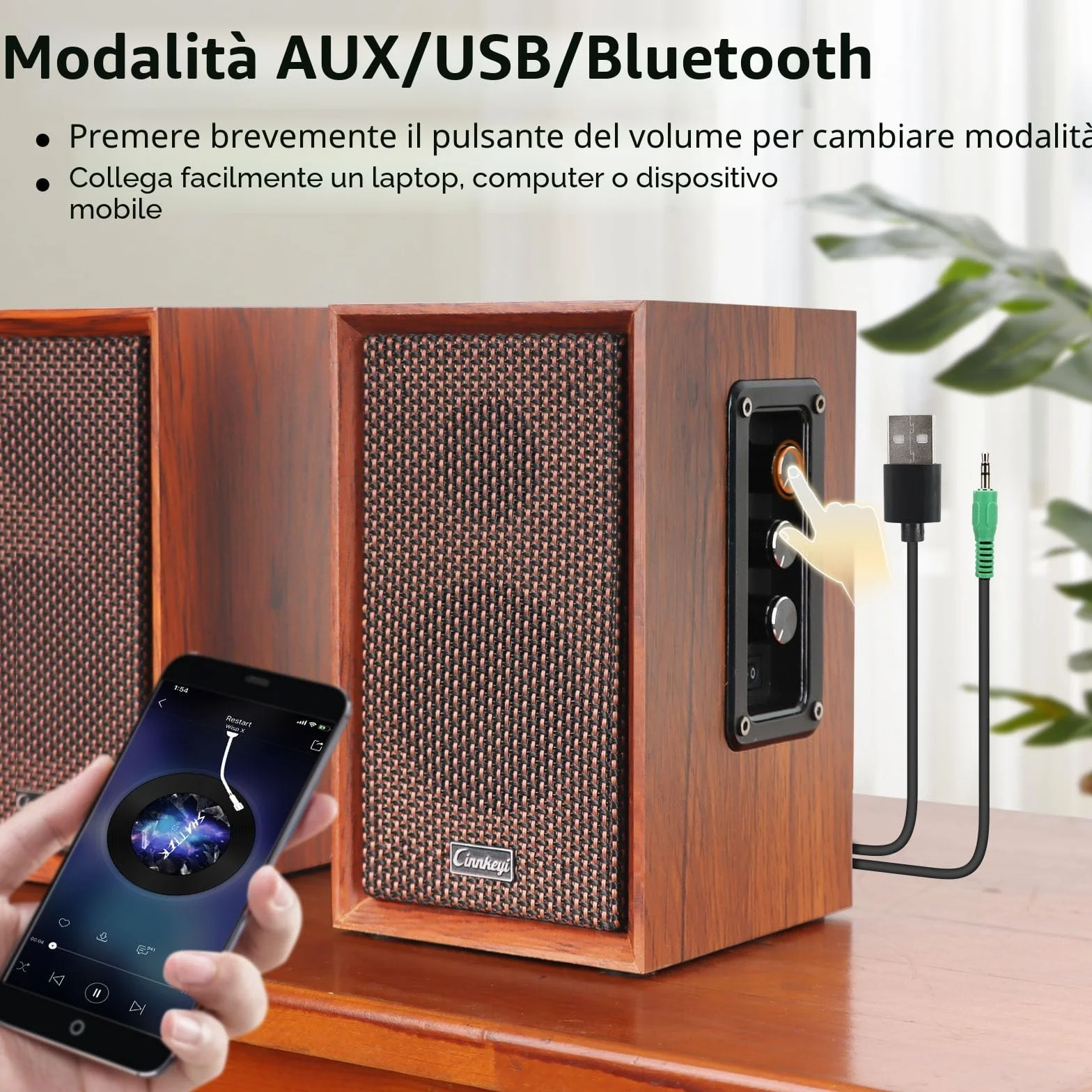 Altoparlanti da Scaffale Attivi Hi-Fi 40W DSP 2.0 in Legno Bluetooth USB RCA AUX per PC TV Laptop