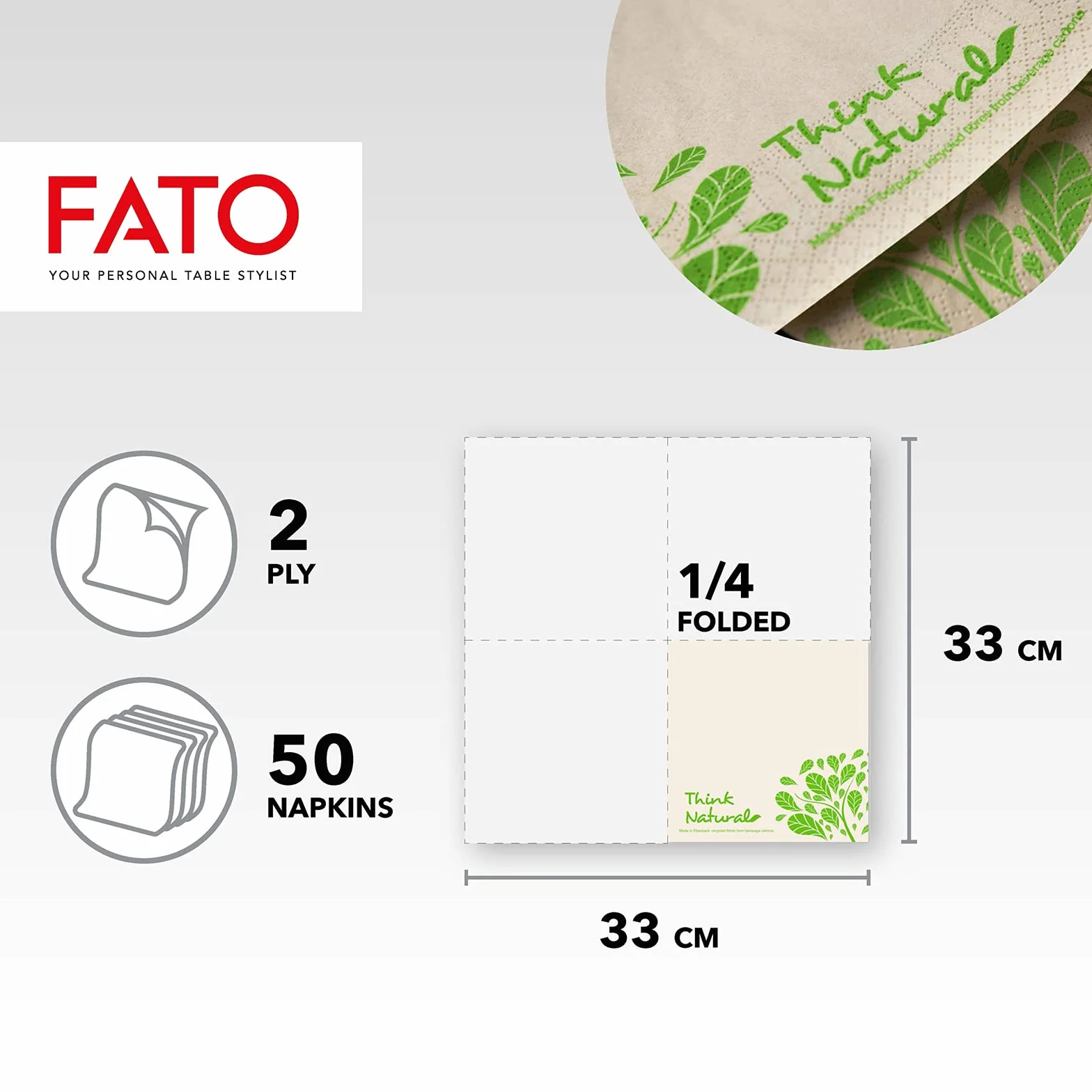 Tovaglioli Natural di Carta Monouso Piegati in 4, Ecologici, Confezione da 50, 33x33, 2 veli, Fibre Riciclate