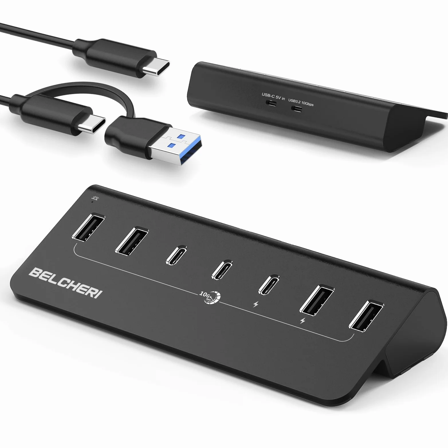 Hub USB C a 7 porte con alimentatore, USB 3.2 Gen 2, 10 Gbit/s ad hub, splitter di prolunga in alluminio con alimentatore da 5 V 3 A, 3 porte USB C e 4 porte USB-A, supporta la ricarica BC1.2