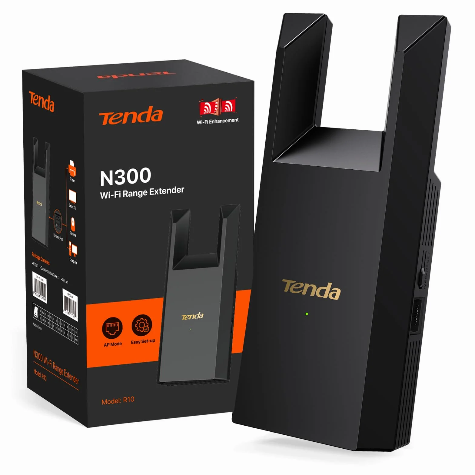 Tenda Ripetitore WiFi Extender e Access Point, Velocità Single Band 300Mbps, Porta Ethernet, Copertura fino a 120 m², Compatibile con i principali modem router WiFi, Nero(R10)
