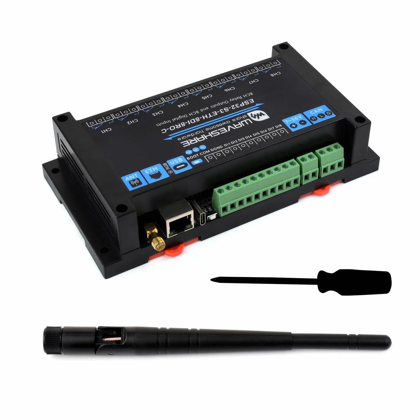 Waveshare ESP32-S3-ETH-8DI-8RO-C(Common Network Port), Industrial 8-Ch ESP32-S3 WiFi Relay Module, Isolated CAN Interface, Xtensa 32-Bit LX7 2-Core Processor, Up To 240MHz, Multi Isolation Protection