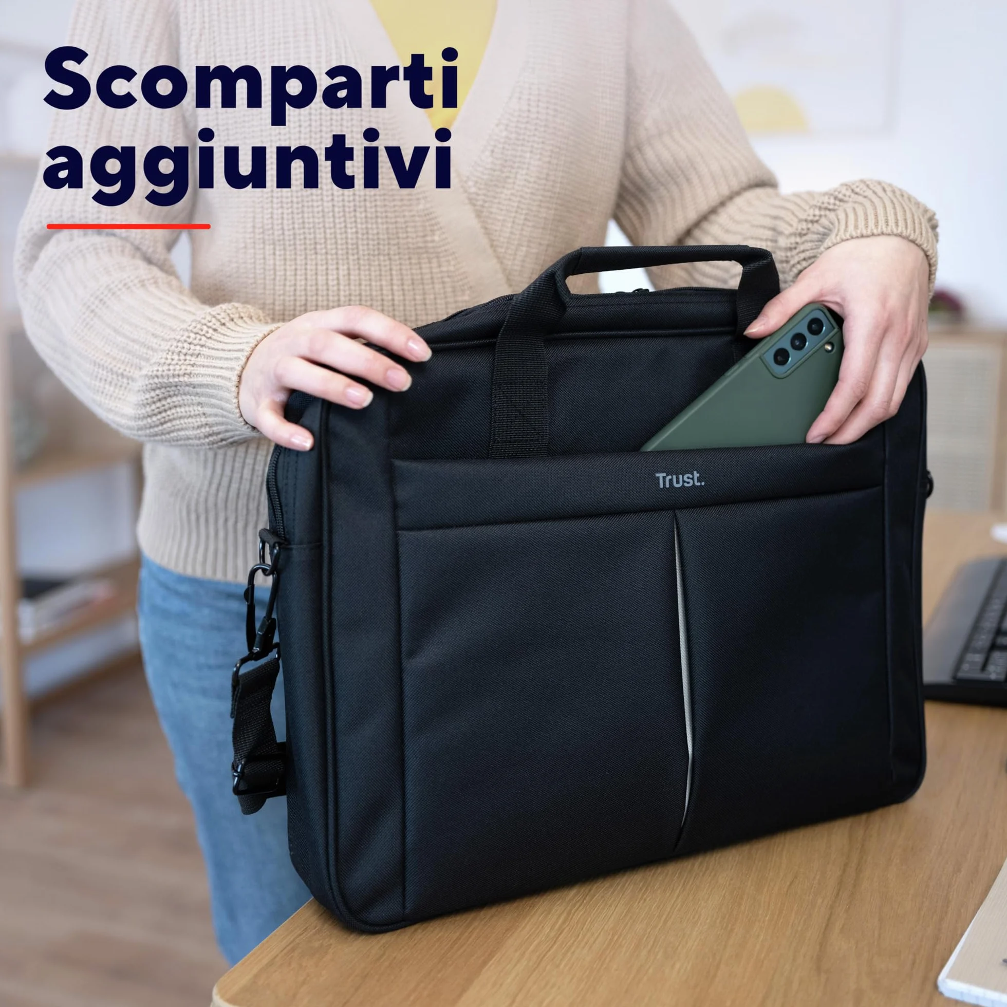 Trust Primo Borsa Porta PC Portatile 16 Pollici, Borsa a Tracolla Regolabile per Laptop Fino a 385 x 315 mm, Custodia Trasporto Tessuto Resistente per Computer Notebook Macbook Dell HP Asus, Nero
