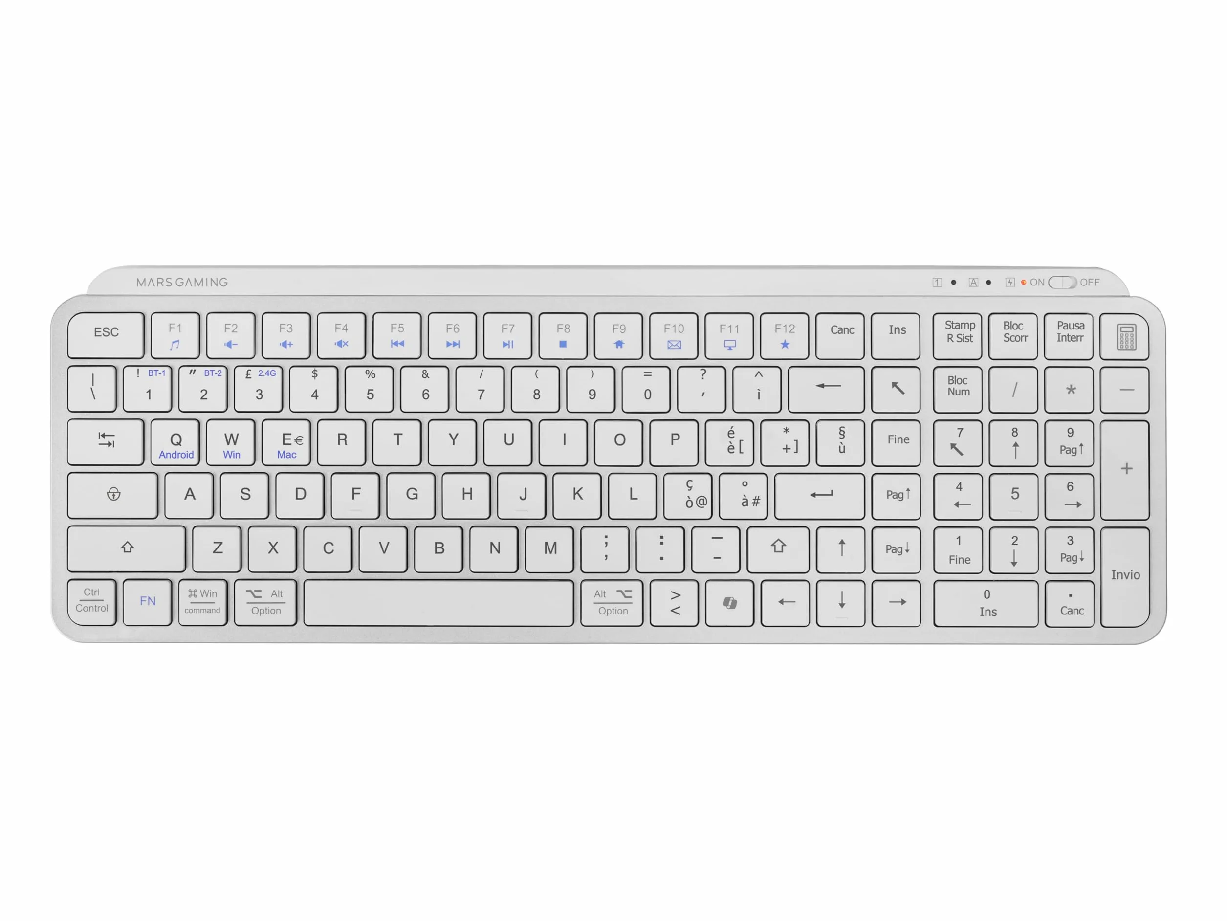 Mars Gaming MK-SILENKEYS Tastiera Wireless Compatta Full-Format Bluetooth 5.1 Dual 2.4GPRO 200h Bianco