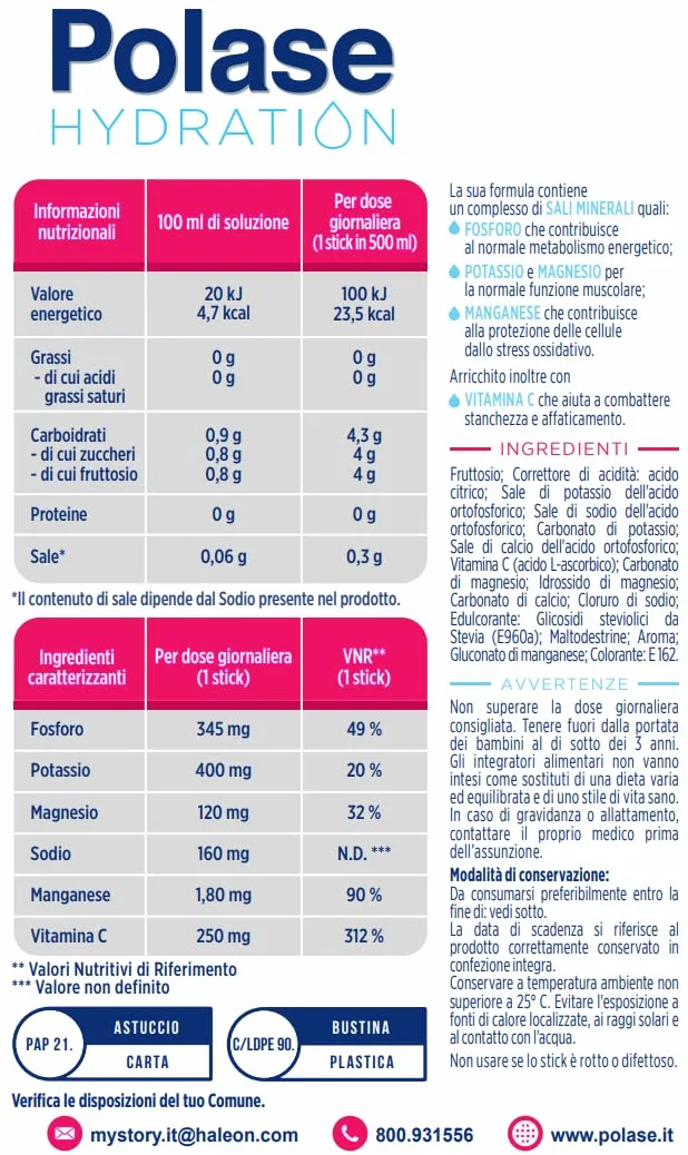 Polase Hydration, Integratore Alimentare Sali Minerali con Magnesio e Potassio e Vitamina C, Gusto Lampone, 12 sticks