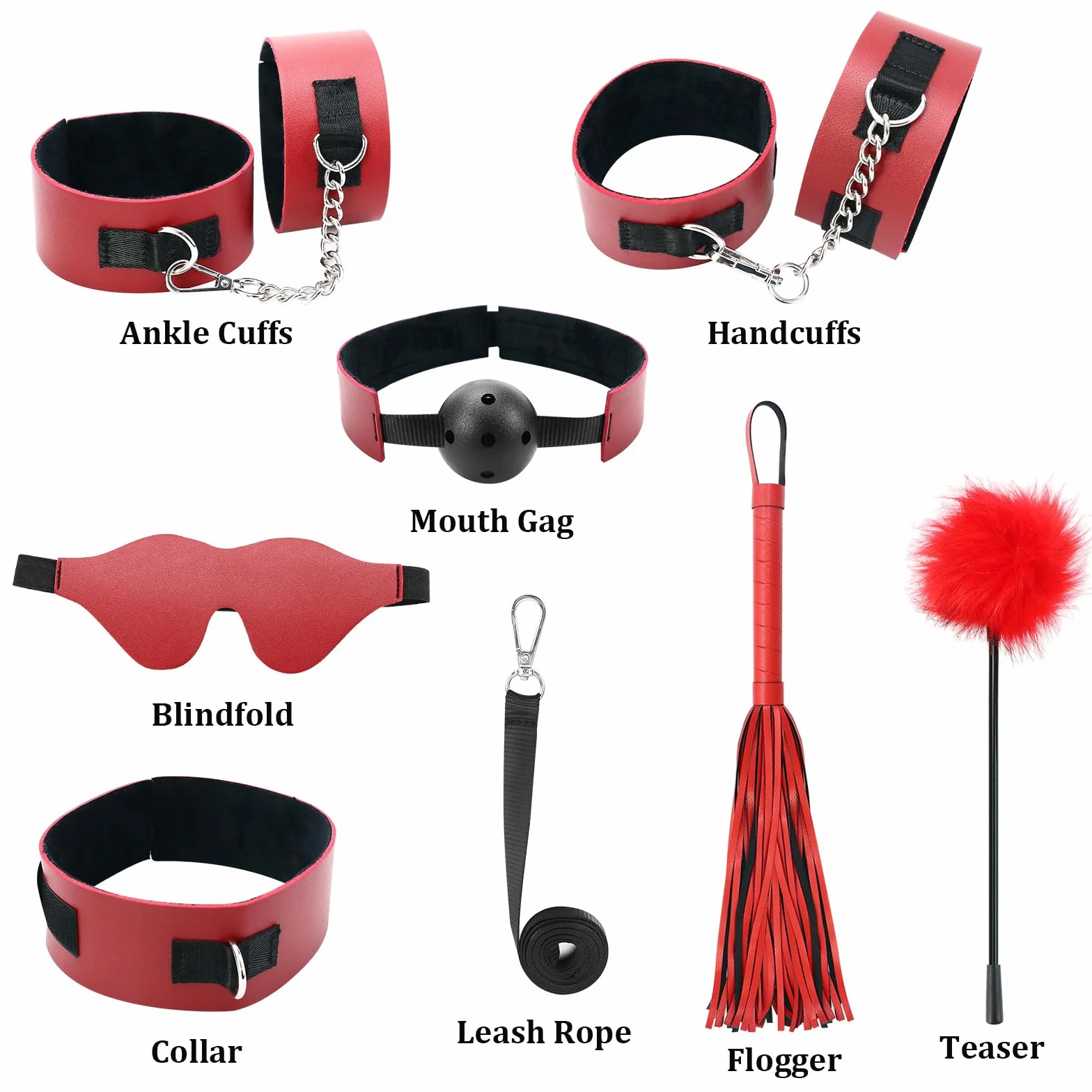 Kit Bondage BDSM 7 Pezzi per Coppie - Set di Costrizioni in PU con Maschera, Bavaglio, Flogger, Collare e Manette