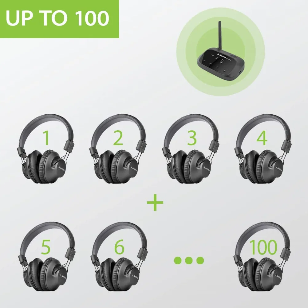 Avantree Quartet 2 – Bundle wireless compatibile Bluetooth per ascolto di gruppo con 4 cuffie e 1 trasmettitore + 2 cuffie aggiuntive, senza ritardi di sincronizzazione labiale, ideale per TV, silent