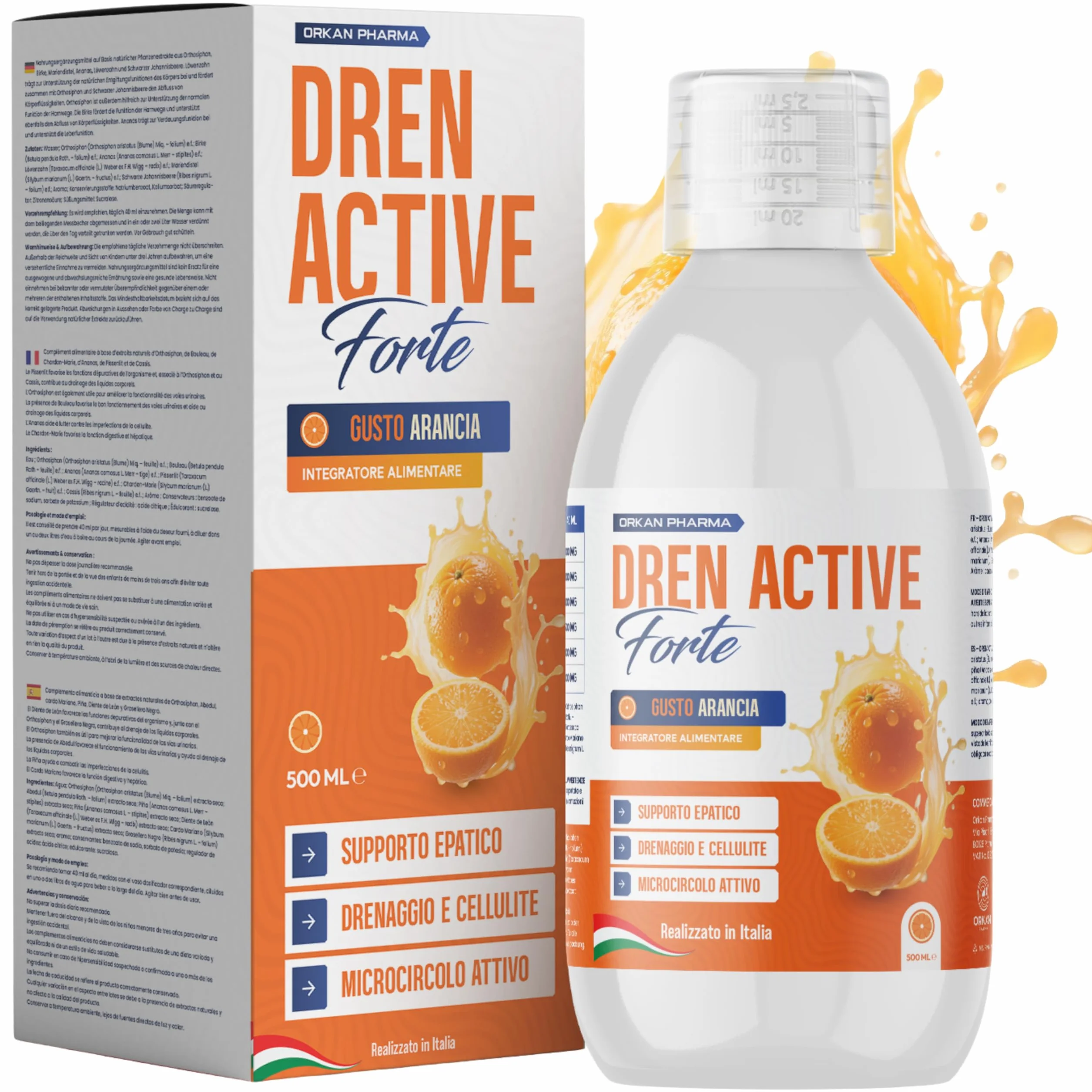 Diuretico Drenante Forte Detox Anticellulite 500 ML Gusto Arancia Made in Italy