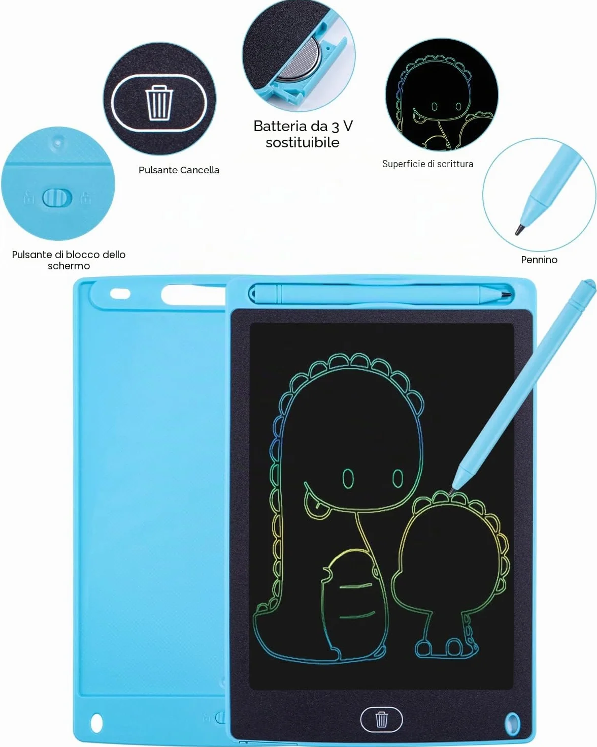 Tavoletta Grafica Bambini LCD 8,5 Pollici Display Colorato Cancellabile con Pulsante Elimina e Blocco