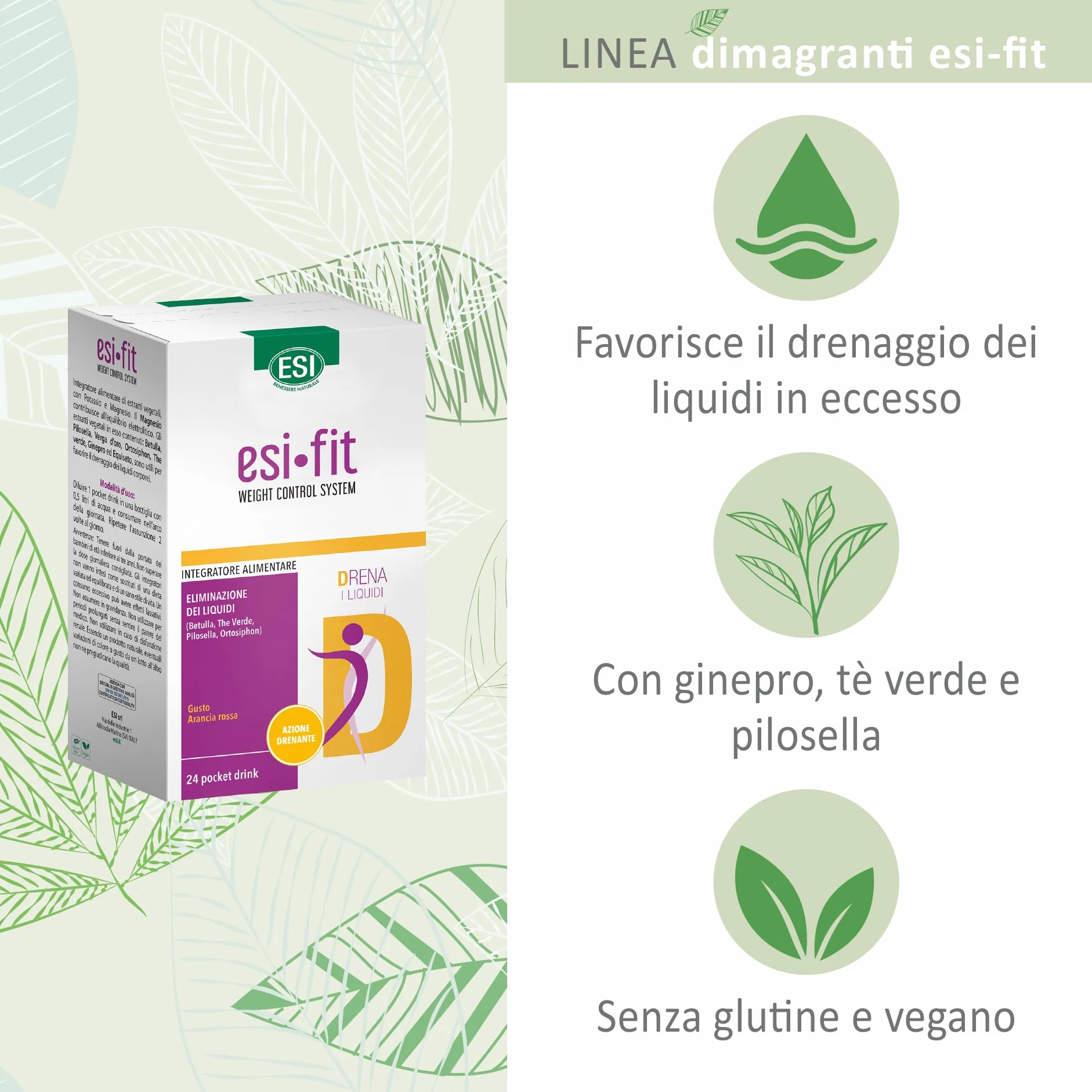 ESI Fit Drena Integratore Alimentare con Pilosella, Tè Verde, Potassio e Magnesio, 24 Pocket Drink