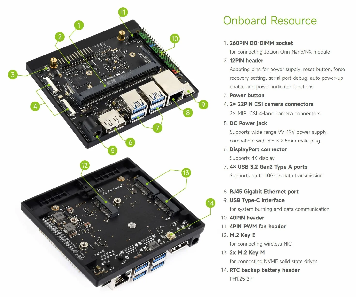 Waveshare Jetson Orin Nano/NX AI Development Board, with Two 4-lane CSI Ports, Two M.2 Key M and One M.2 Key E Ports, 5 USB Ports, 4K High-definition DisplayPort Port, compatible with Orin Module