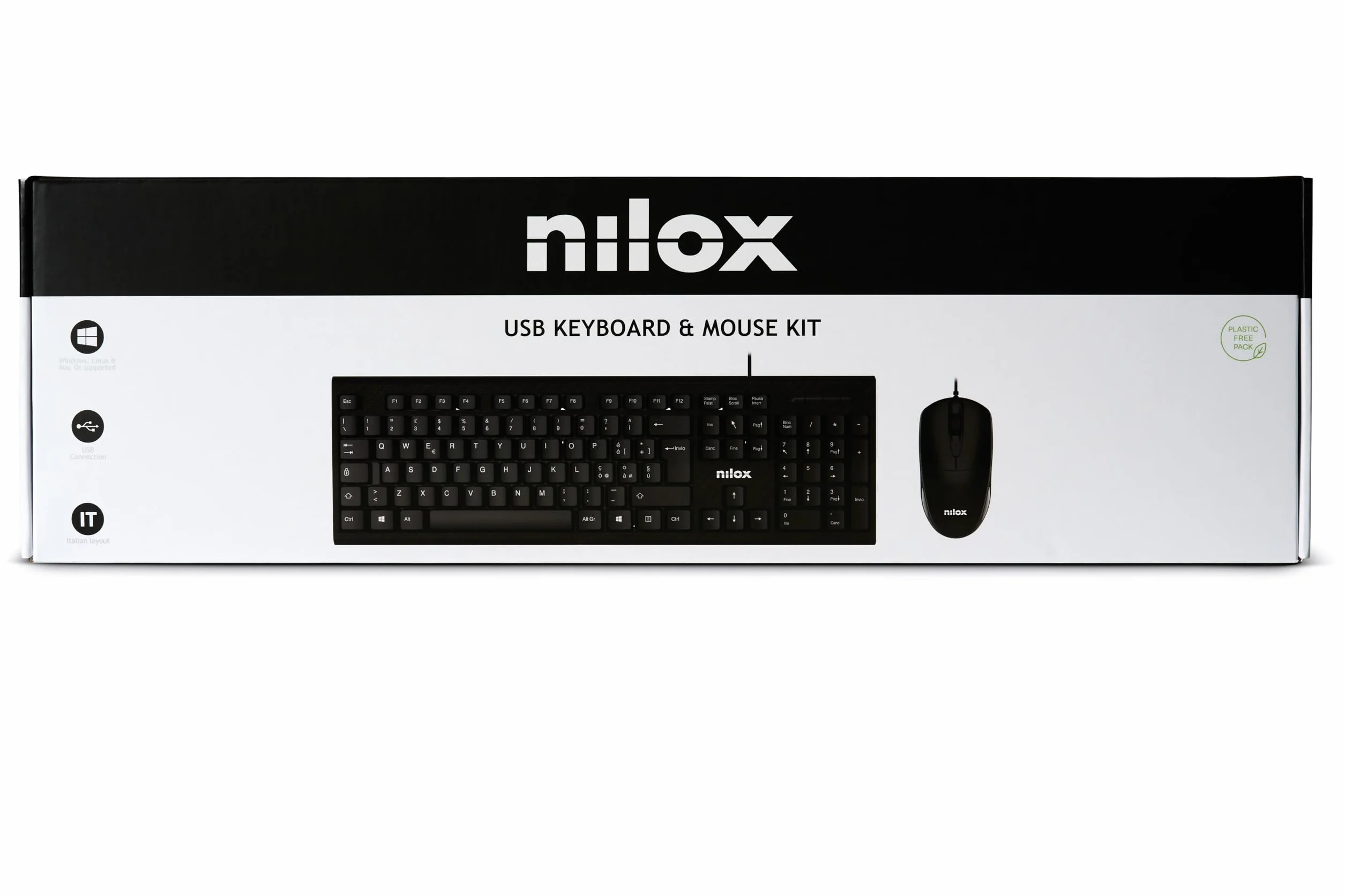 Nilox NXKMIT0011, Kit Tastiera e Mouse USB, Tastiera con Layout Italiano, Mouse con Sensore Ottico da 1600 DPI, Compatibile con Windows, Linux e Mac