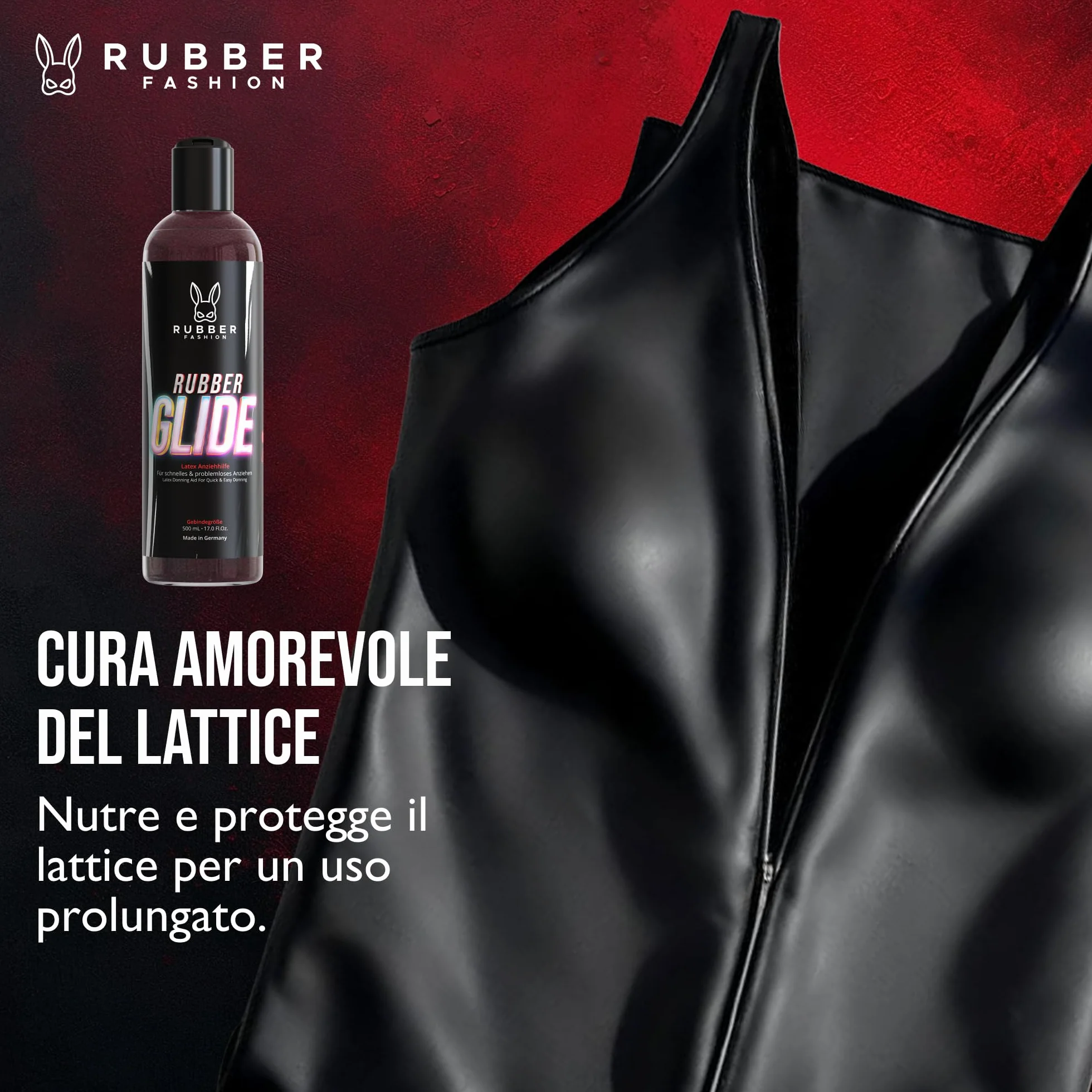 Olio di silicone per abbigliamento in lattice RubberGlide Rubberfashion lucido