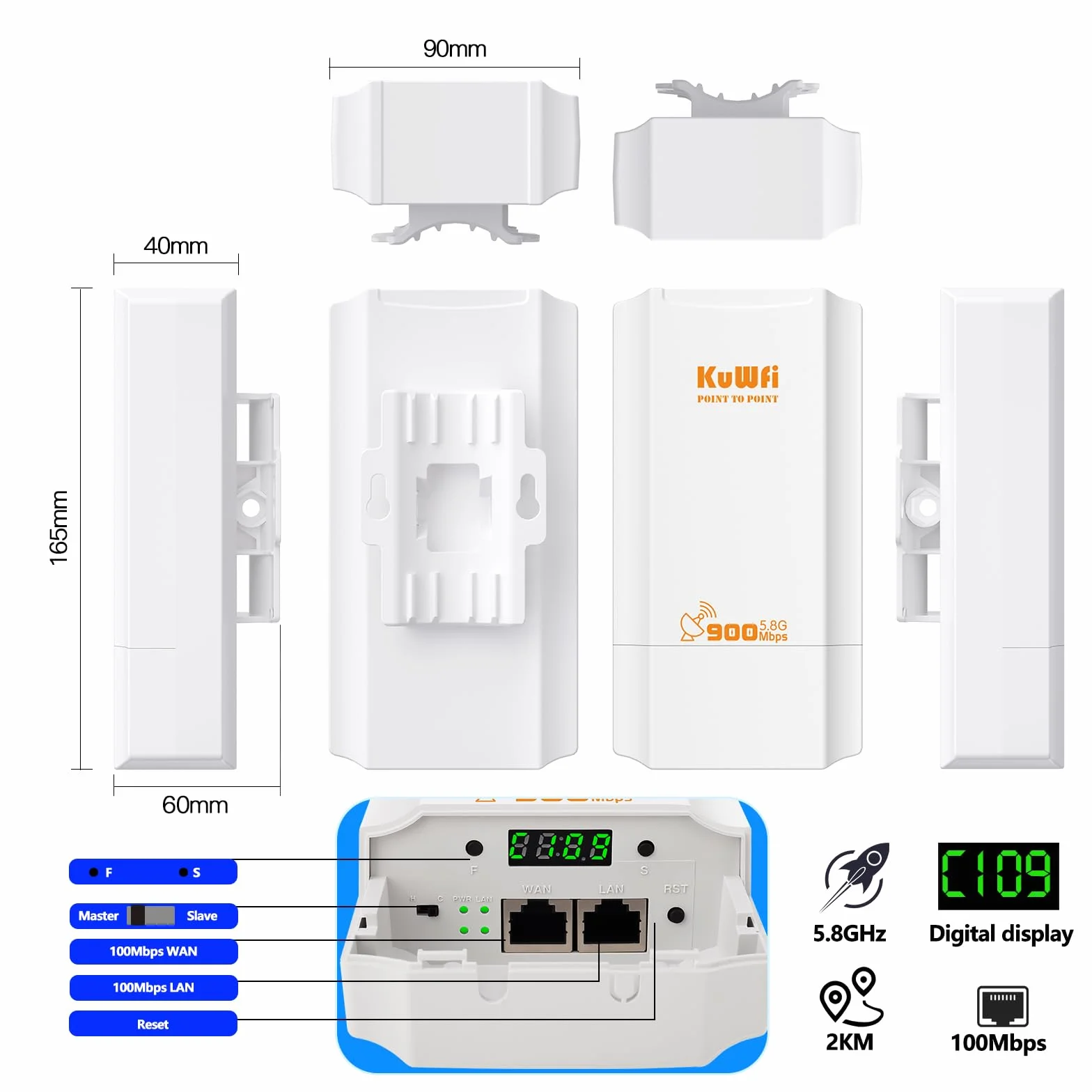 KuWFi Ponte Wireless Esterno, 5.8G Wireless Bridge 900Mmbps, 12dBi antenna wifi lunga distanza con display a LED, Soluzione di Trasmissione 2KM, Accesso Point wifi per telecamera/Industriale