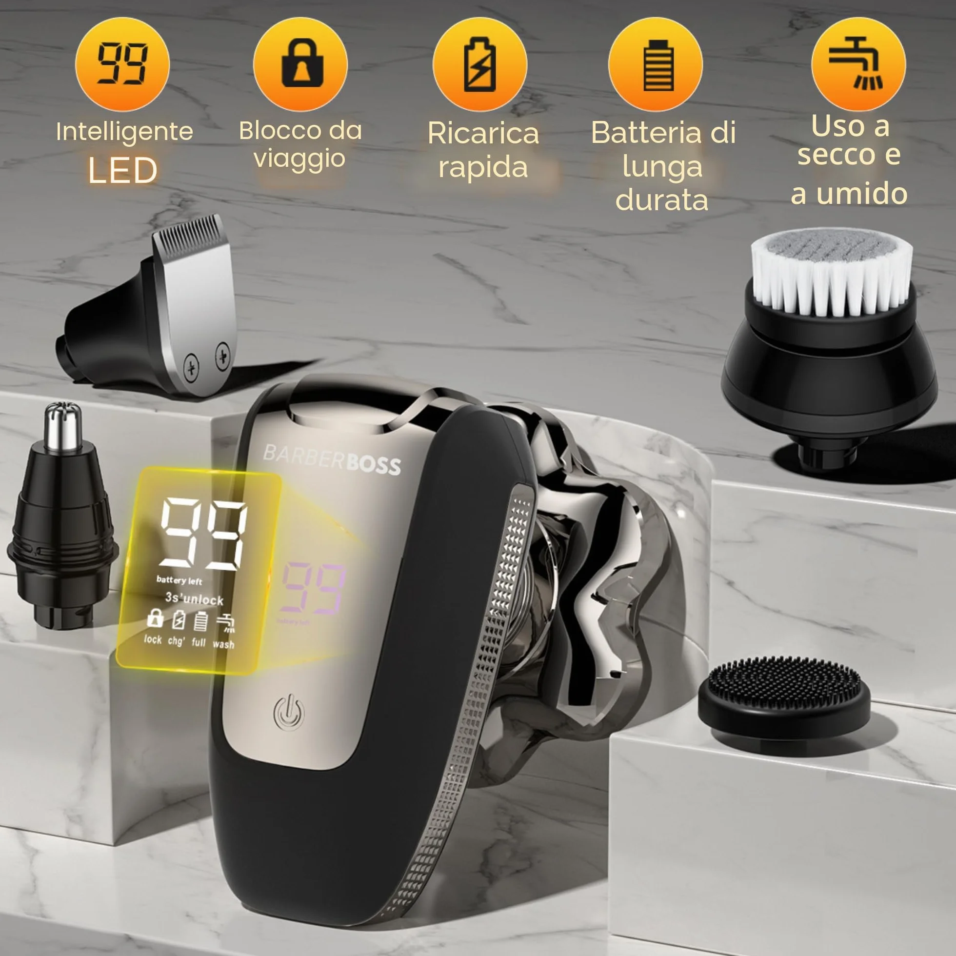 BarberBoss Rasoio testa calva 7D uomo, rasoio rotante magnetico 5 in 1 con display LED, ricarica USB-C