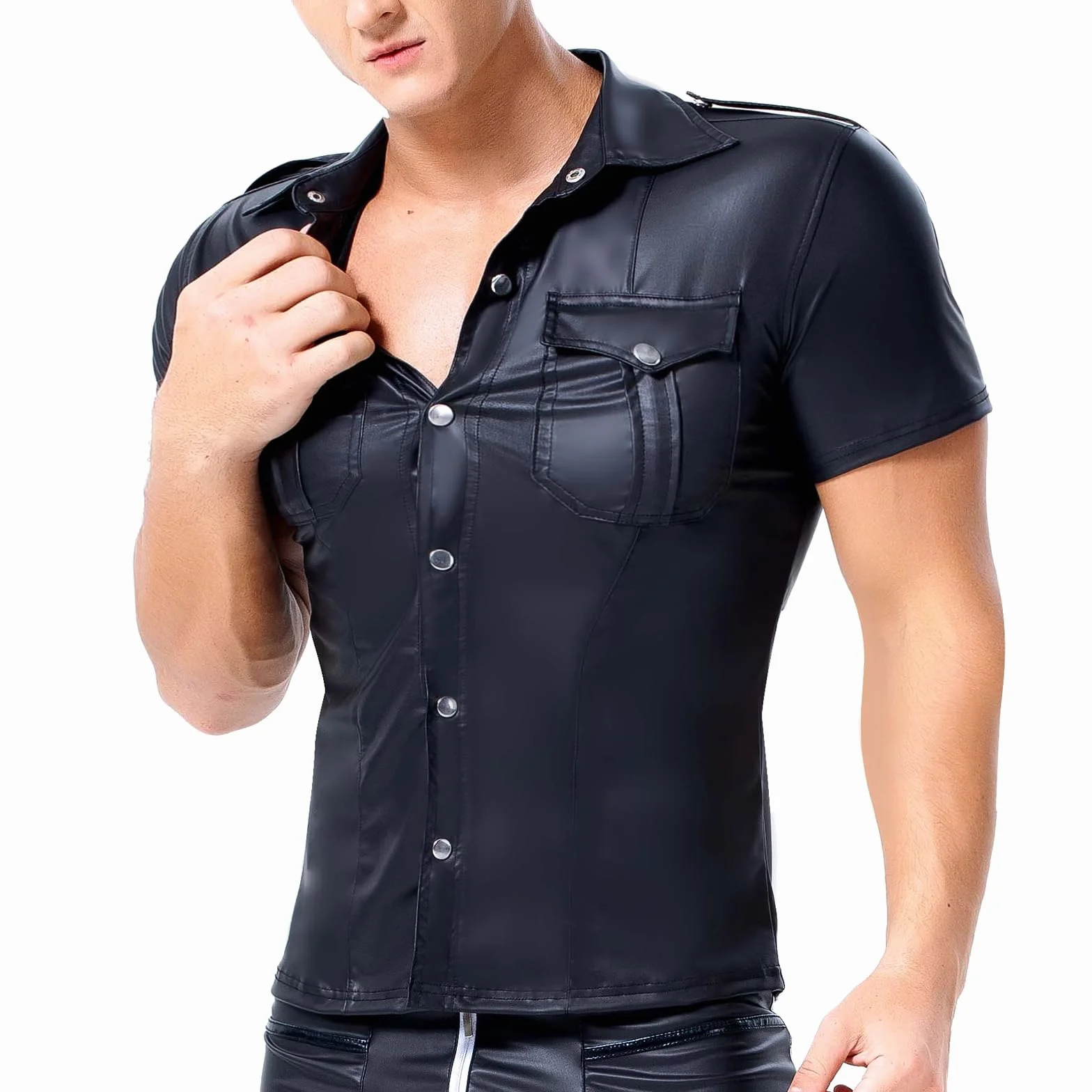 Camicia in pelle effetto laccato uomo slim fit maniche corte ecopelle