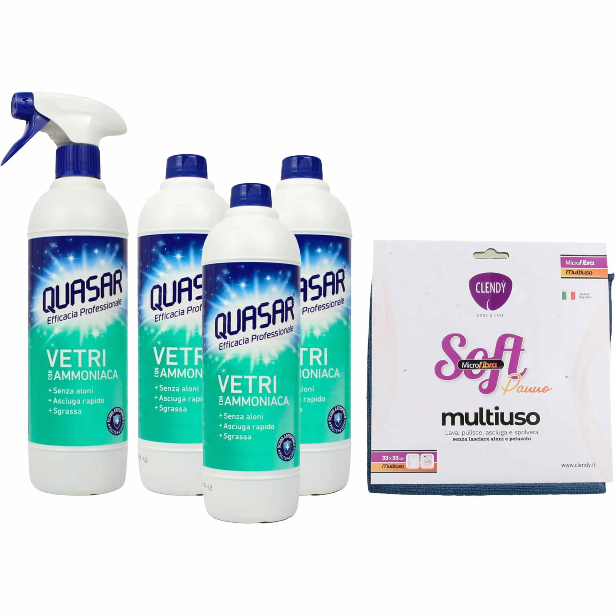 Quasar VETRI Set Pulizia Detergente Senza Aloni 580ml + Panno Microfibra Multiuso SOFT 33x33