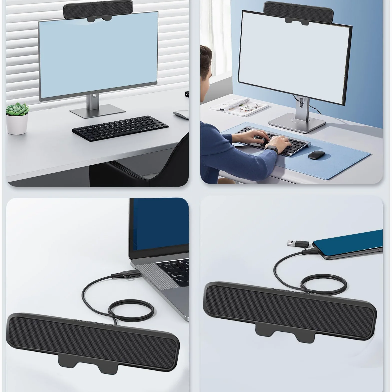Asixxsix Altoparlanti per Computer da 10 W per PC Desktop | Adattatore da USB A A USB C Integrato, Monitor Facile da Agganciare, Barra Altoparlante Stereo, con Tasto di Disattivazione