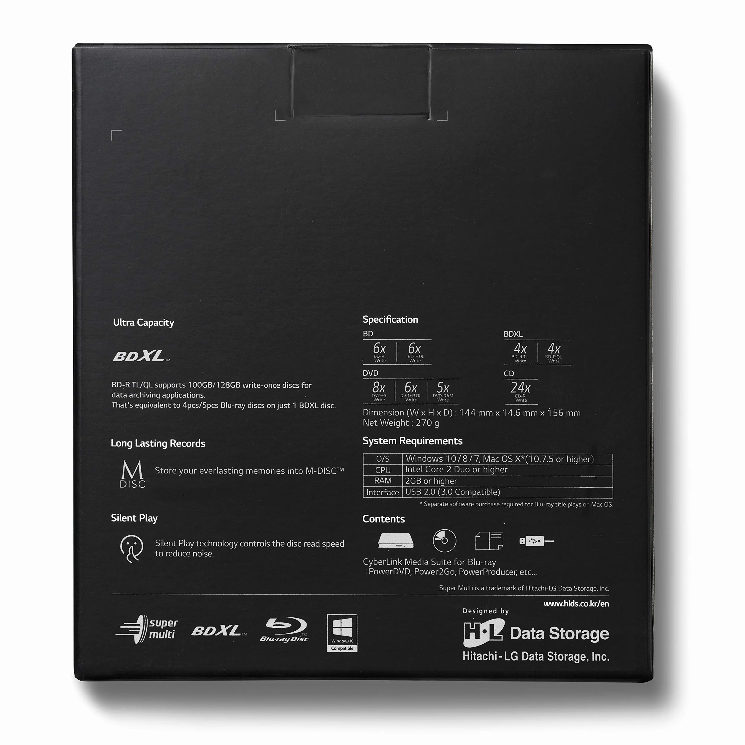 Hitachi-LG BP55 External Blu-Ray Drive, USB 2.0 Slim Portable Player/Rewriter for Laptop, Desktop PC, Windows 11 Compatible, with TV Connectivity, 3D Playback, 8x Read/Write Speed - Black