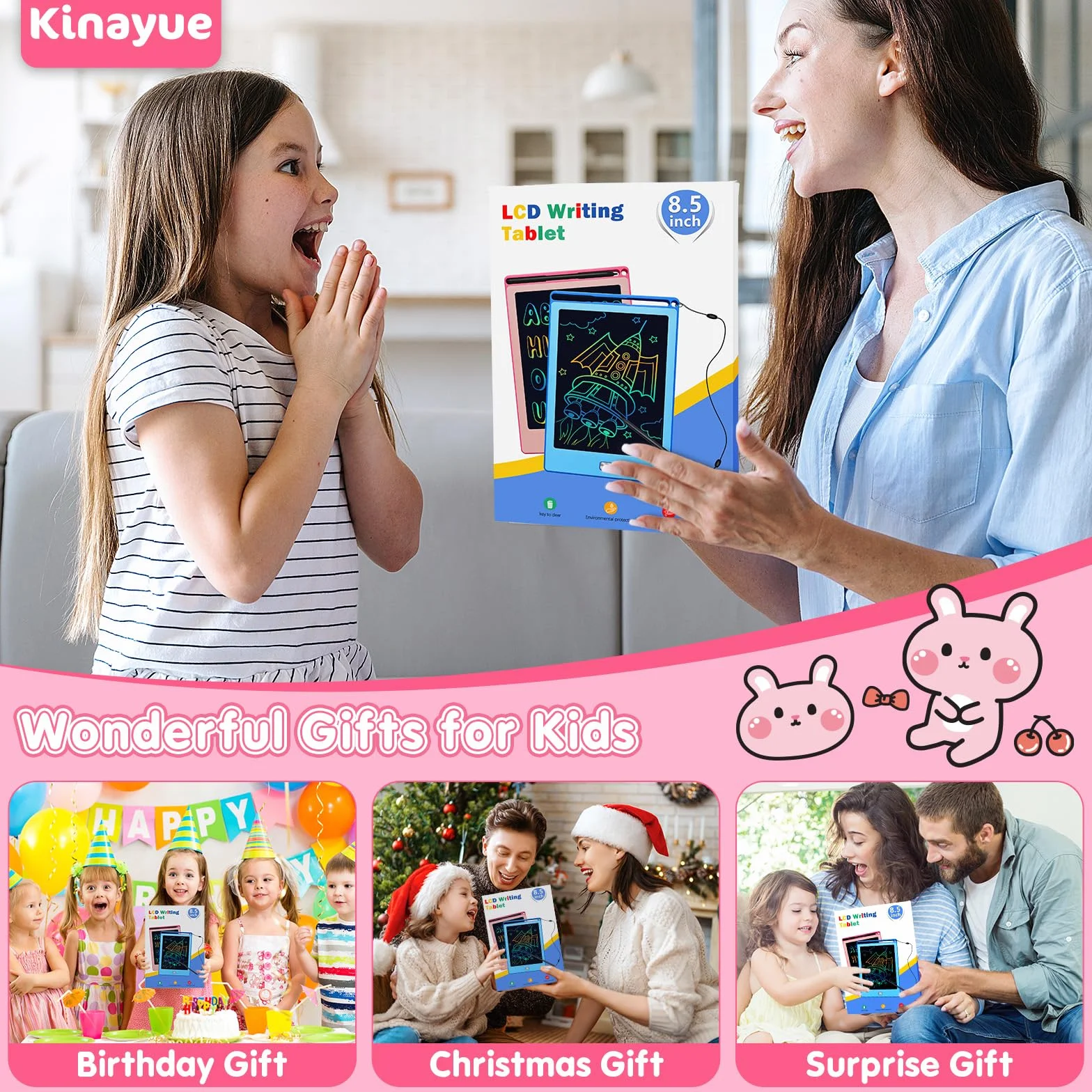Tavoletta Grafica Bambini LCD 8,5 pollici Lavagnetta Cancellabile Riutilizzabile Rosa