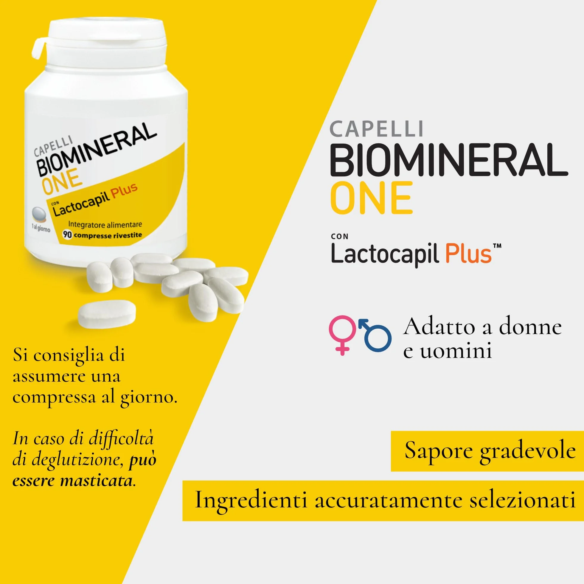 Biomineral One Capelli Più Forti 90 Compresse Integratore per Capelli con Lactocapil Plus Biotina Vitamina D Acido Linoleico e Taurina