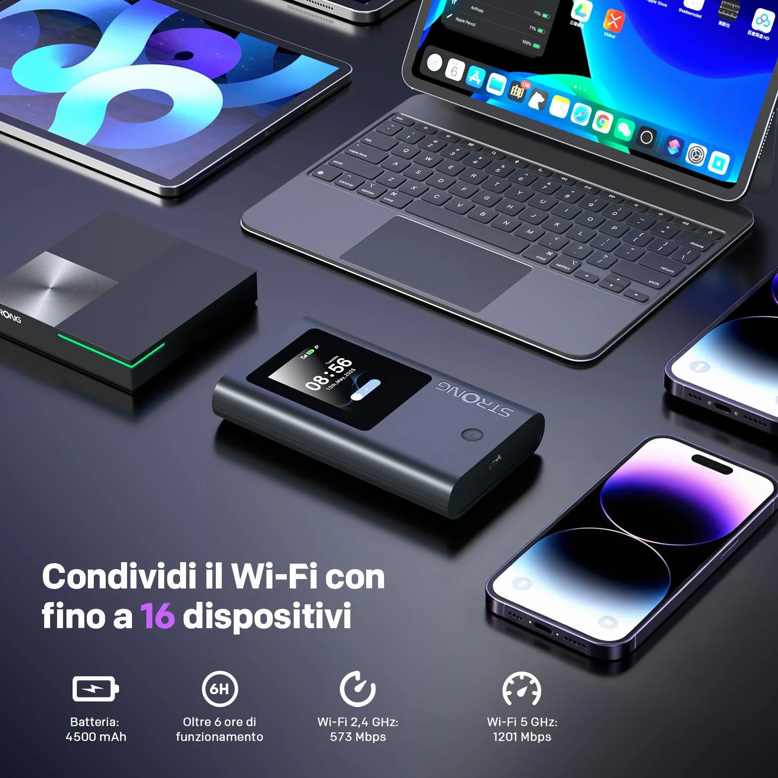 STRONG 5G+ HOPI Saponetta WiFi Portatile 5G, WiFi 6 AX1800, Hotspot Wi-Fi Tascabile con eSIM e 5GB di Dati, Velocità fino a 3,4Gbps, Batteria 4500mAh, Porta USB-C, Funzione Power Bank
