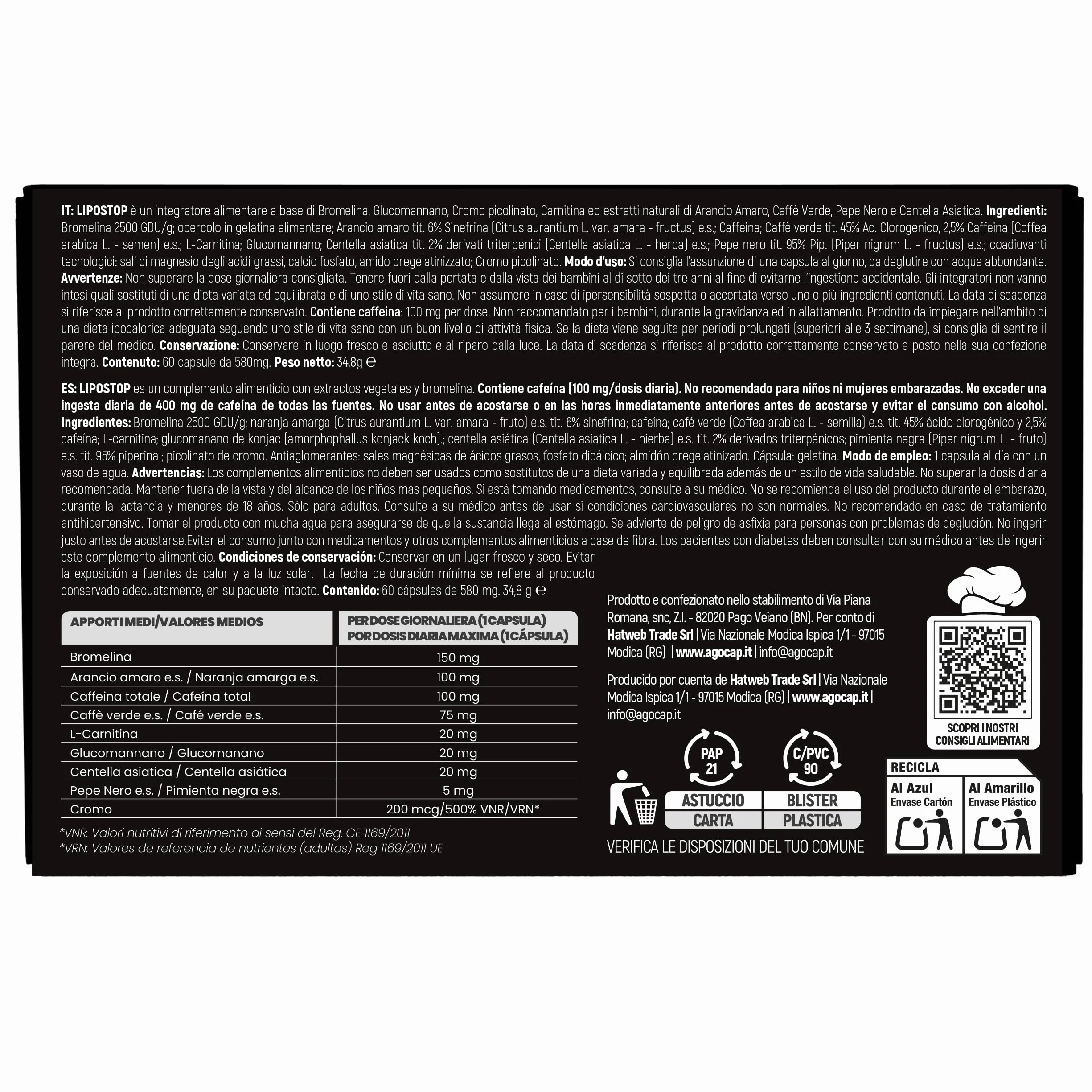 LIPOSTOP Integratore Alimentare con Bromelina, Caffeina, L-Carnitina, Glucomannano – 60 Capsule