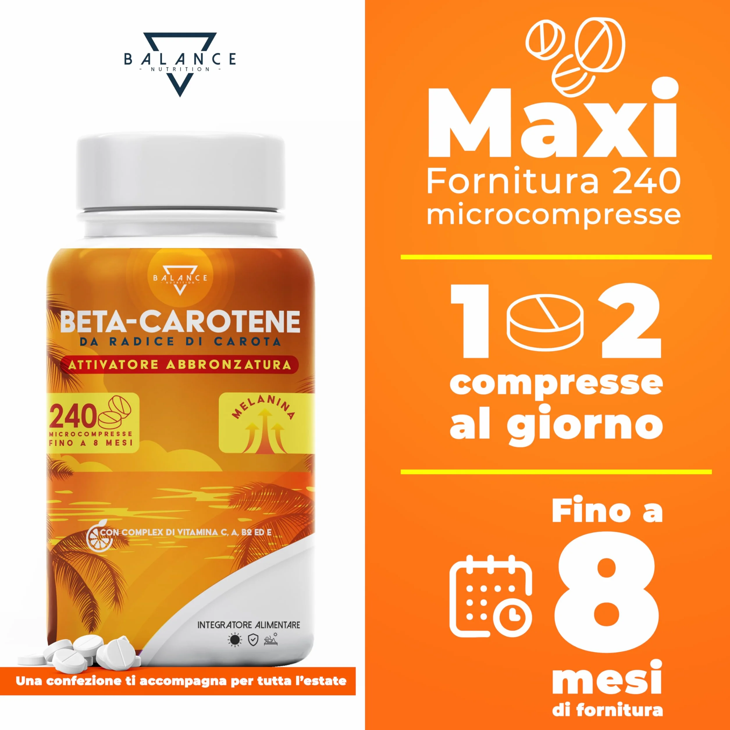 BETACAROTENE ABBRONZATURA FORTE 240 Compresse Integratore Melanina Naturale Made in Italy
