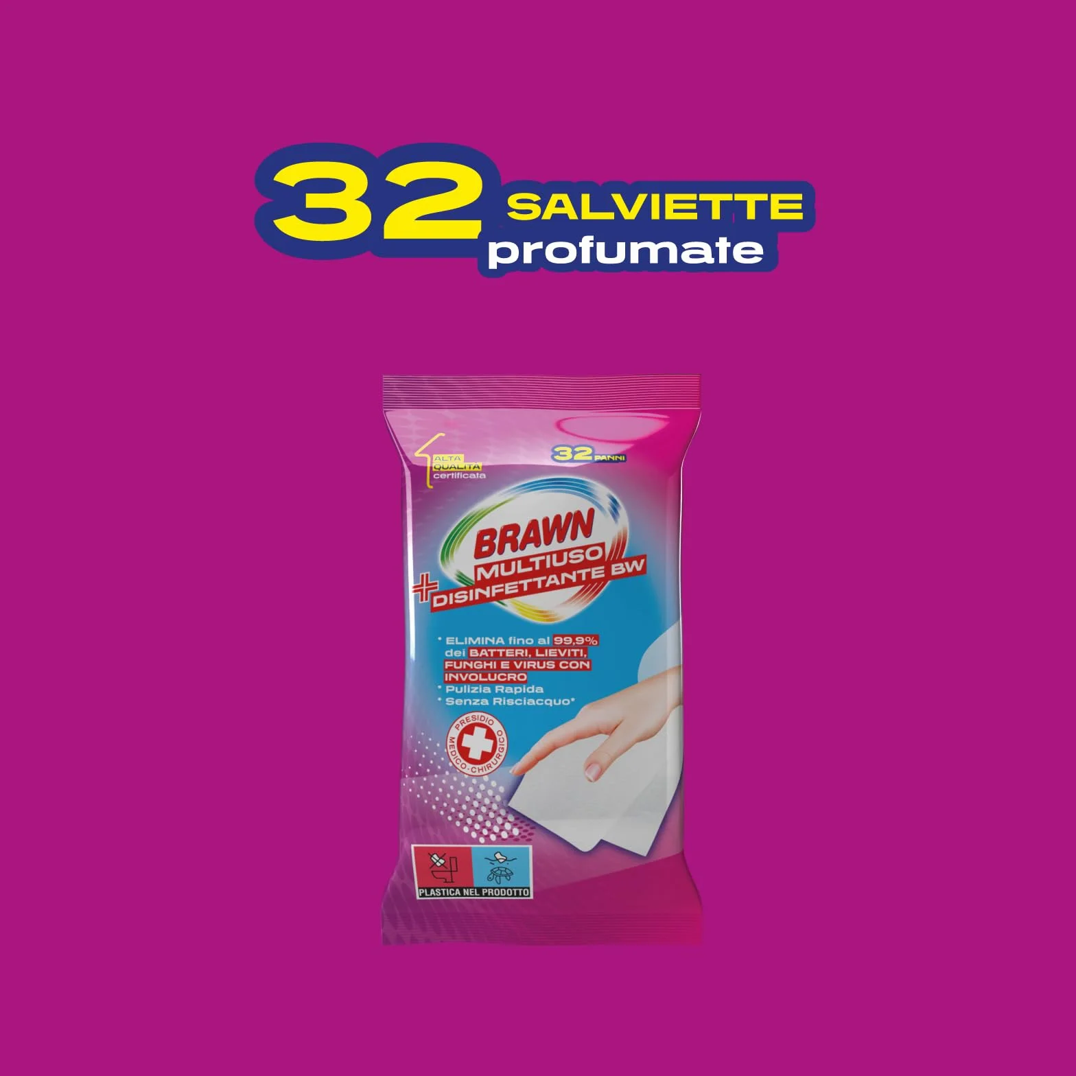 Brawn Salviette Disinfettanti Multiuso 32 pz, Elimina 99,9% Batteri Funghi Virus, Presidio Medico Chirurgico