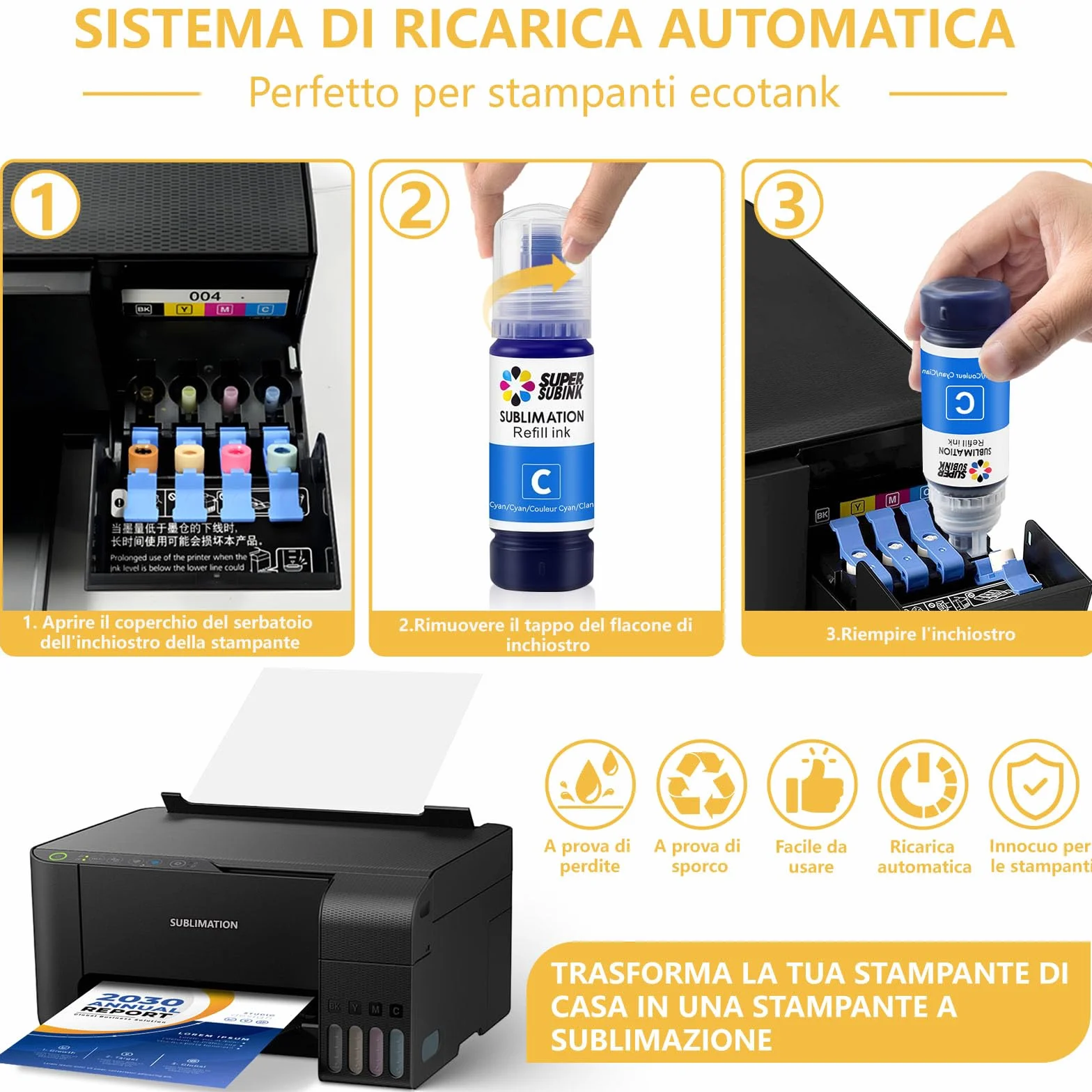 Inchiostro Sublimazione per Epson Ecotank ET-2876 ET-1810 ET-2826 ET-2861 ET-2870 ET-2871 ET-2865 ET-15000 ET-2810 ET-2856 ET-2870, Inchiostro a Sublimazione