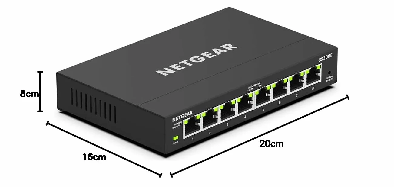 NETGEAR Switch Ethernet Plus a 8 porte GS308E - Supporto VLAN, QoS, switch Gigabit per ufficio, funzionamento silenzioso, montaggio su scrivania o a parete