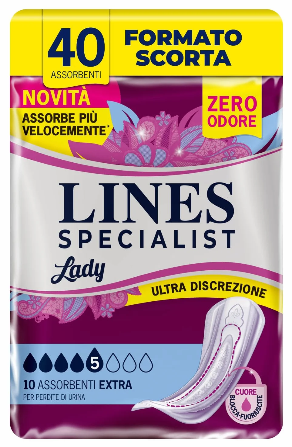 Lines Specialist Lady Extra Assorbenti Incontinenza Donna Zero Odore Barriere Laterali Protettive 4x10 Unità