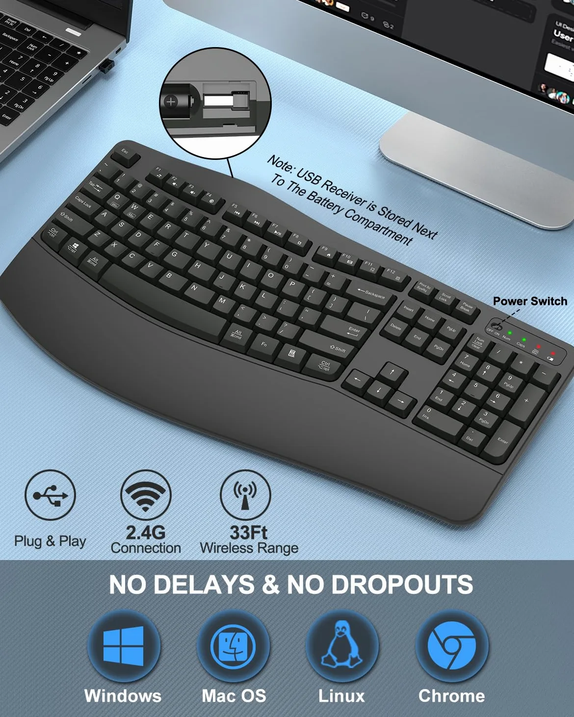 EDJO Tastiera ergonomica senza fili con poggiapolsi, tasti Wave, per mani grandi, 2,4 GHz, tastiera per computer Ergo cordless USB, comoda digitazione naturale, per laptop, Mac, Windows (grigio)