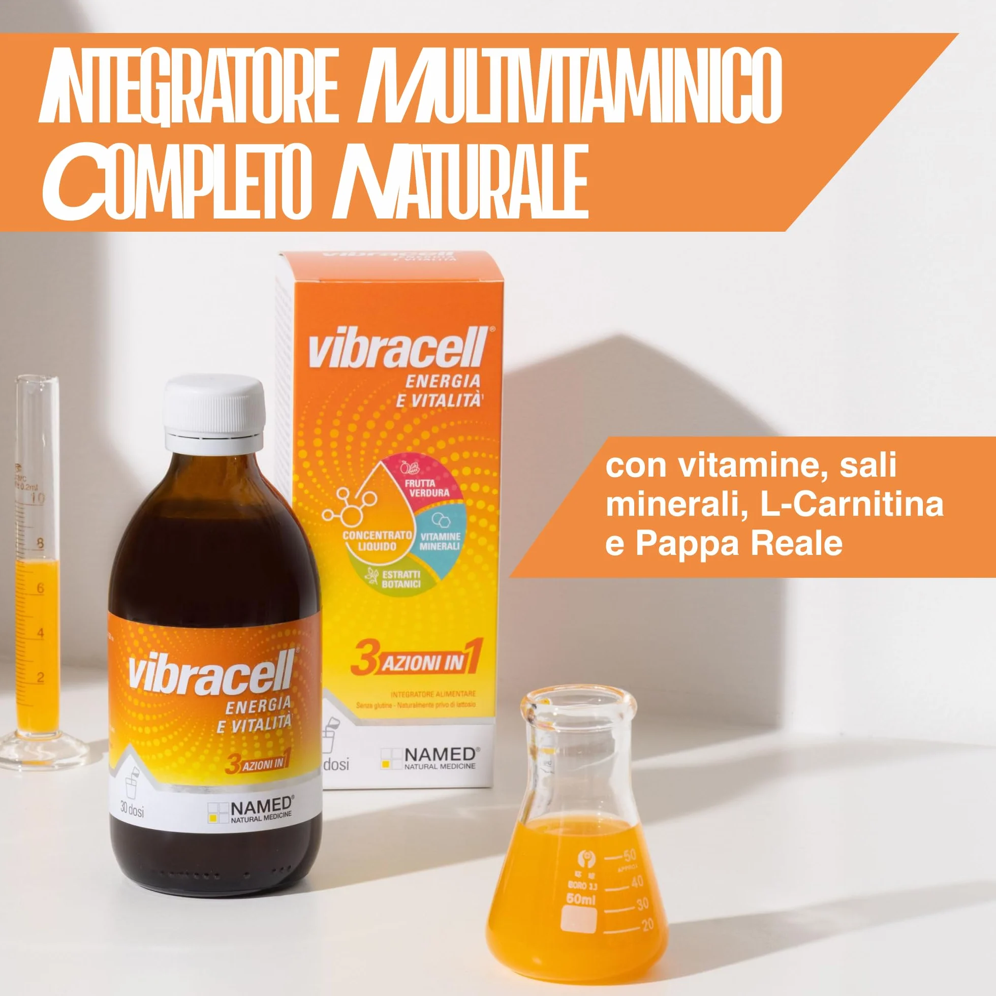 NAMED Vibracell Integratore Alimentare Concentrato Liquido Succhi Frutta Verdura Estratti Botanici Vitamine L-Carnitina Pappa Reale 300 ml