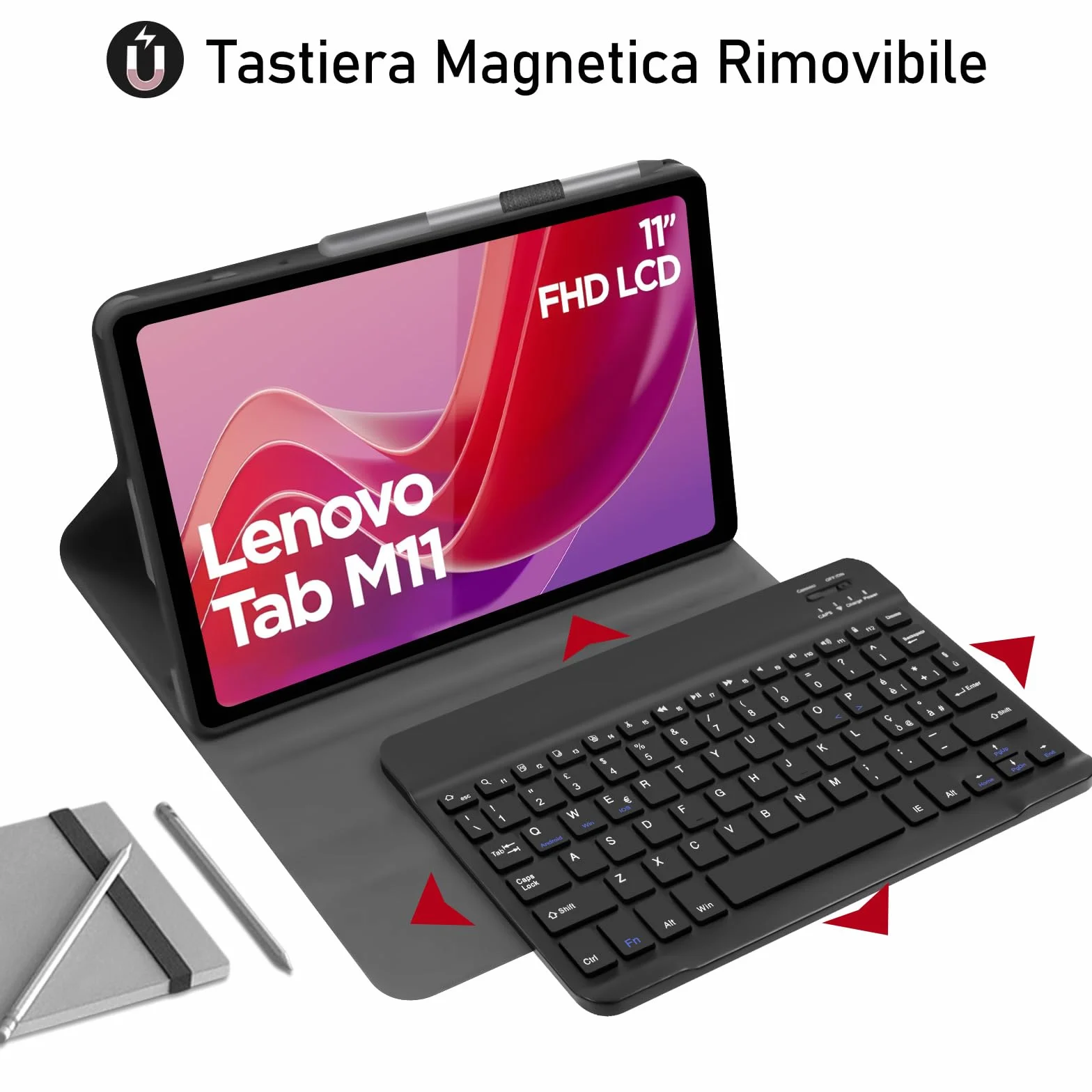 Tastiera Custodia per Lenovo Tab M11 2024 11 Pollici, Italiano QWERTY Rimovibile Bluetooth tastiera,Custodia con Supporto Pencil per Lenovo Tab M11 11" 2024 -Nero