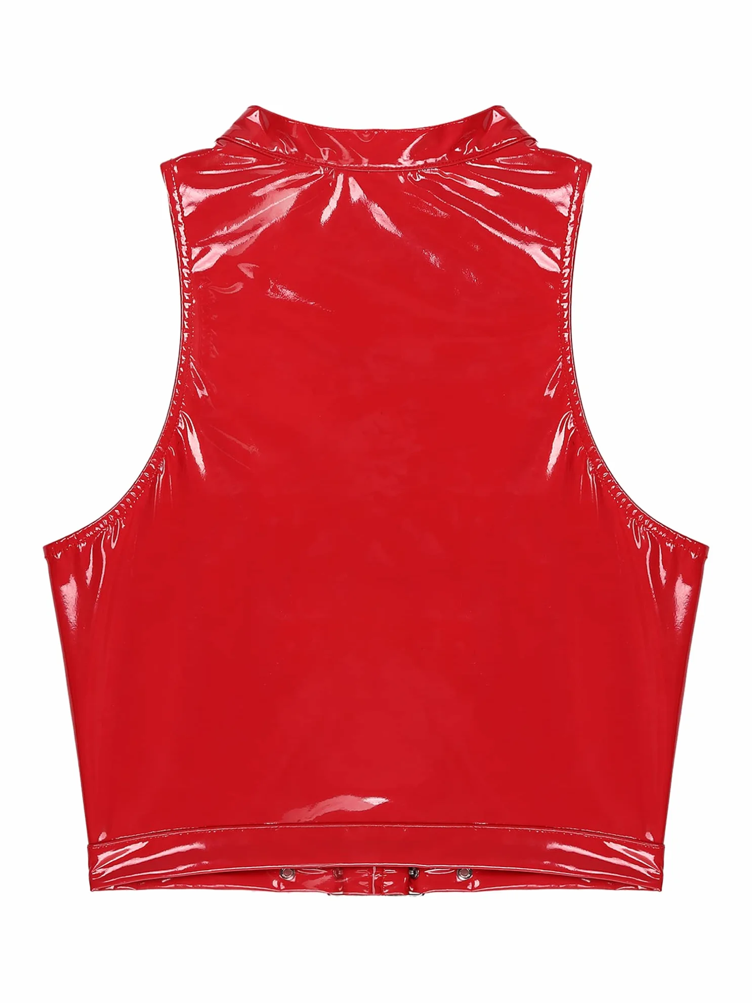 FEESHOW Pelle Laccata Camicia Senza Maniche Wetlook Maglia Muscolare Crop Top Party Club