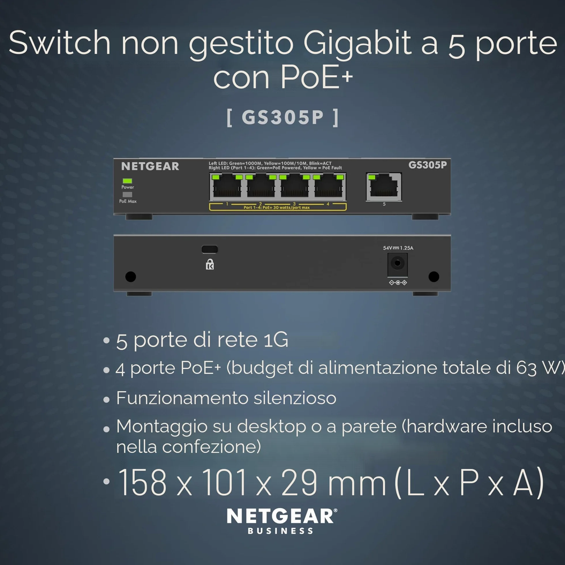 NETGEAR Switch Ethernet Unmanaged (GS305P), Switch PoE a 5 Porte, con 4 PoE+ a 63 W, Montaggio su Scrivania o a Parete.