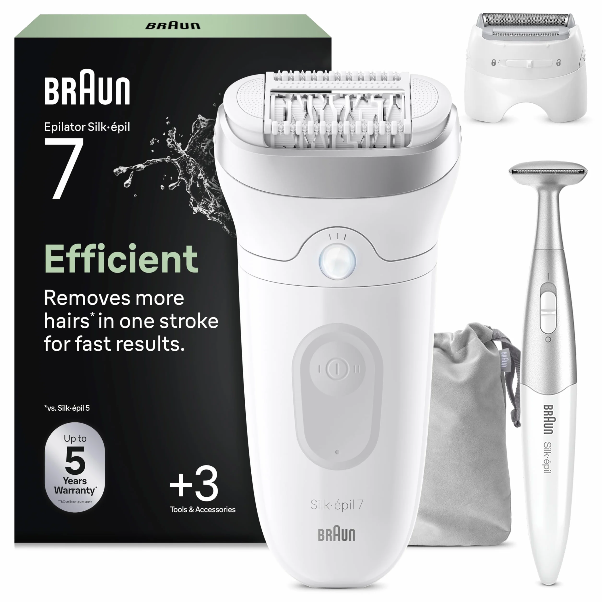 Braun Silk Epil 7 Epilatore Elettrico Donna Wet&Dry Testina Ampia Rimozione Peli, Incluso Testina Radente Cappuccio Regolatore Rifinitore Bikini, Argento