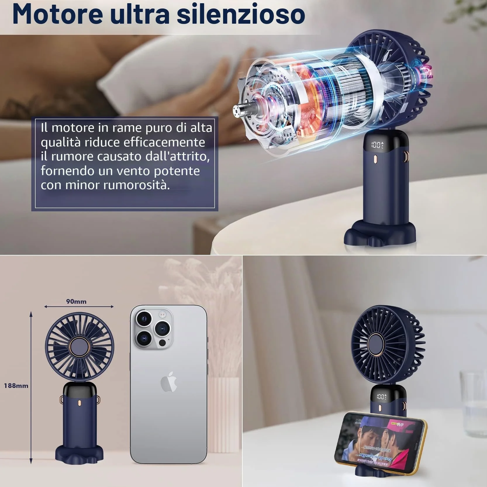 Ventilatore a mano, mini ventilatore portatile, ricaricabile, piccolo ventilatore tascabile con 5 livelli di velocità, batteria da 4200 mAh, ventilatore USB pieghevole per ufficio, all'aperto