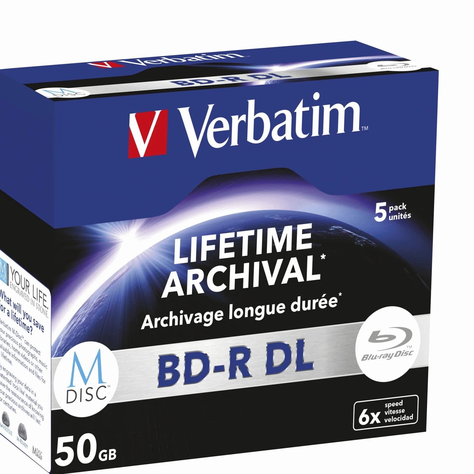 1 x 5 Verbatim M-Disc BD-R Blu-Ray 50 GB 6X Speed, Jewel Case