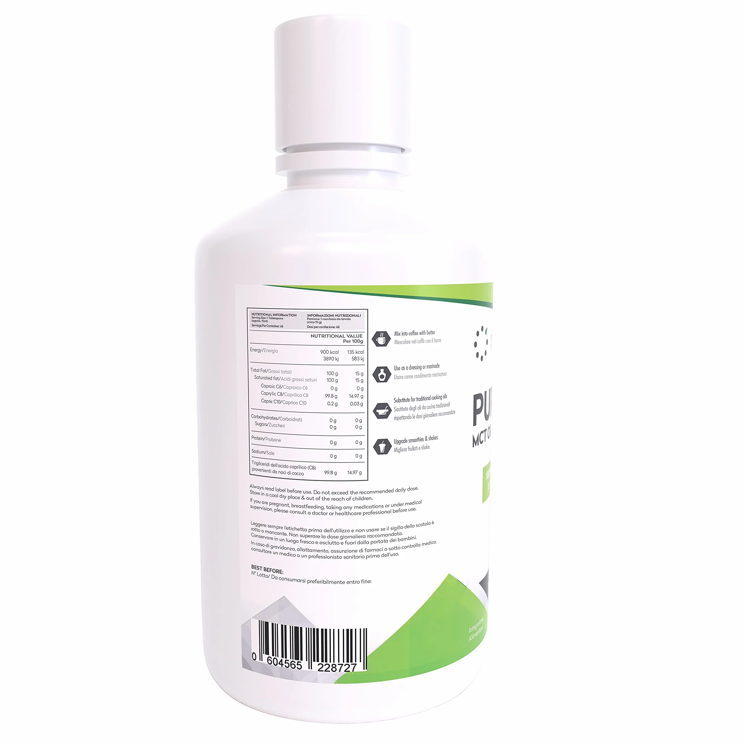 C8 MCT Oil Olio 1000ML 100% Cocco 99% Purezza Acido Caprilico Puro C8 Paleo Keto Vegan Senza Glutine Bottiglia senza BPA