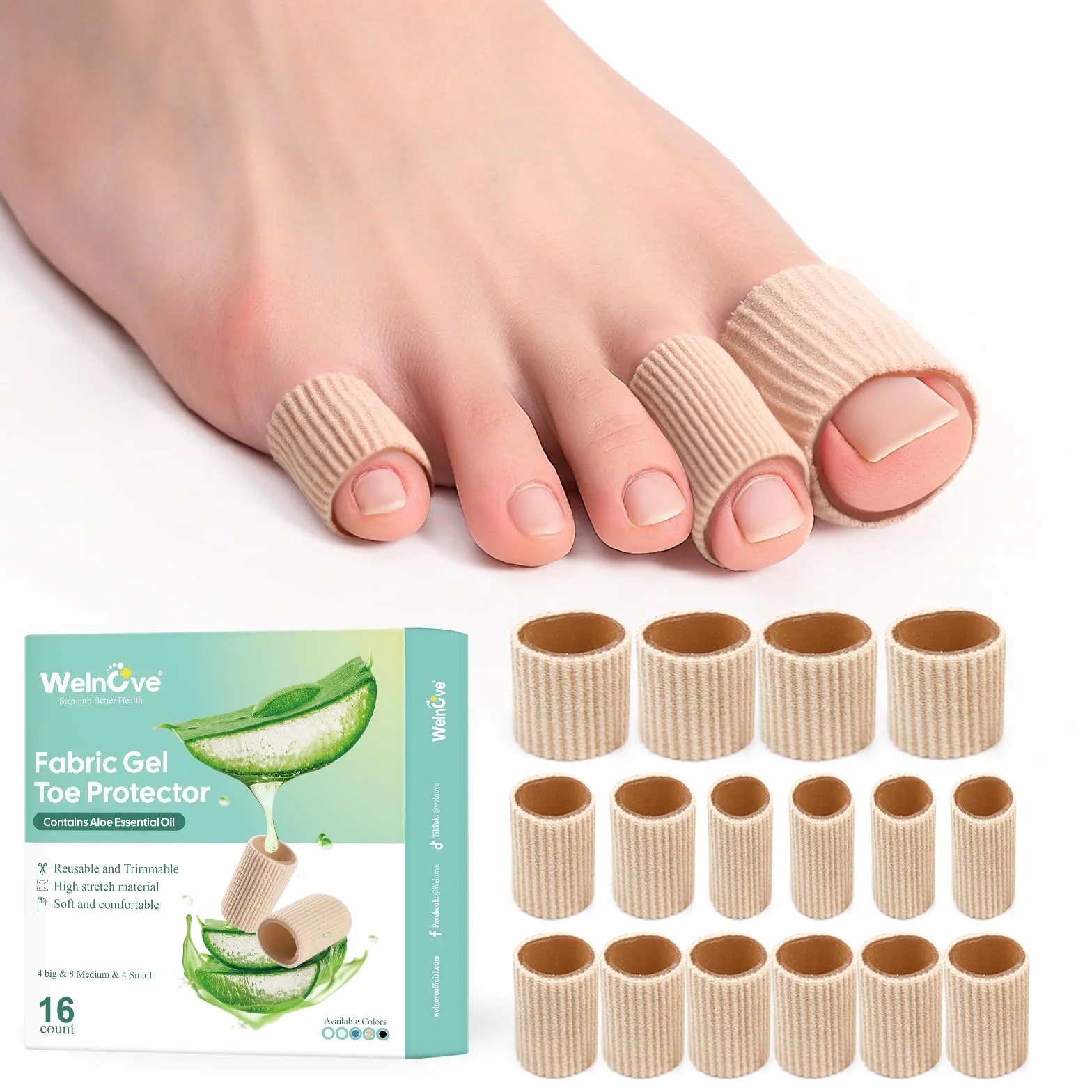 Welonove Tubolare Per Dita Piedi, 16 Pezzi Morbidi Cuscinetti per Calli, Protettori per Dita, Multi-Taglia, Beige
