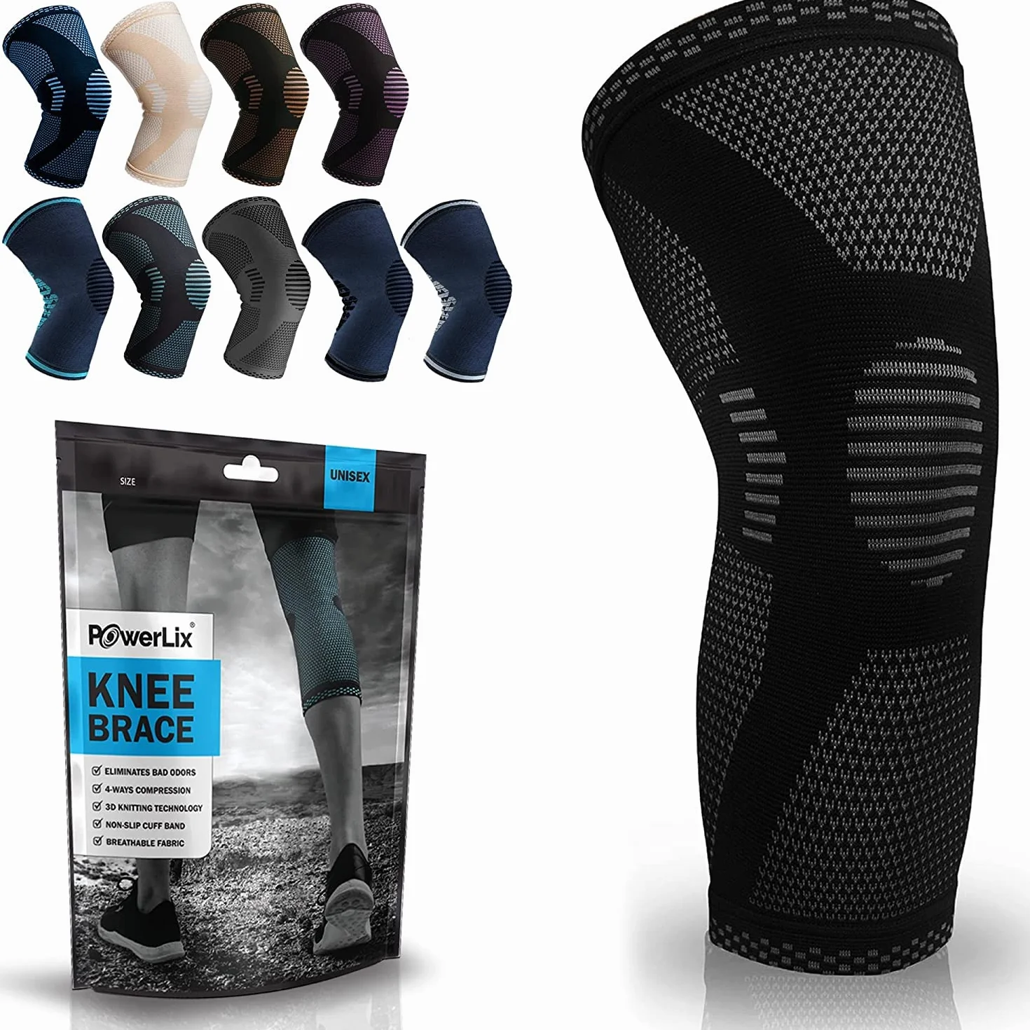 POWERLIX Ginocchiera Compressione Uomo Donna Artrite Dolore Legamenti Menisco Nero