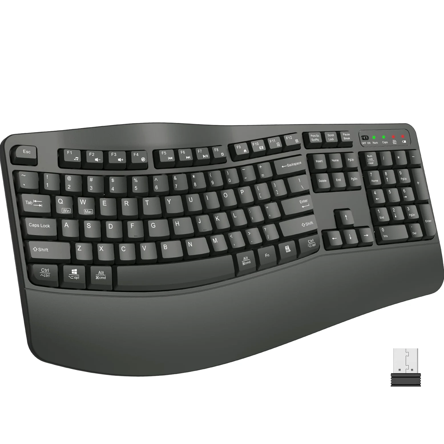 EDJO Tastiera ergonomica senza fili con poggiapolsi, tasti Wave, per mani grandi, 2,4 GHz, tastiera per computer Ergo cordless USB, comoda digitazione naturale, per laptop, Mac, Windows (grigio)