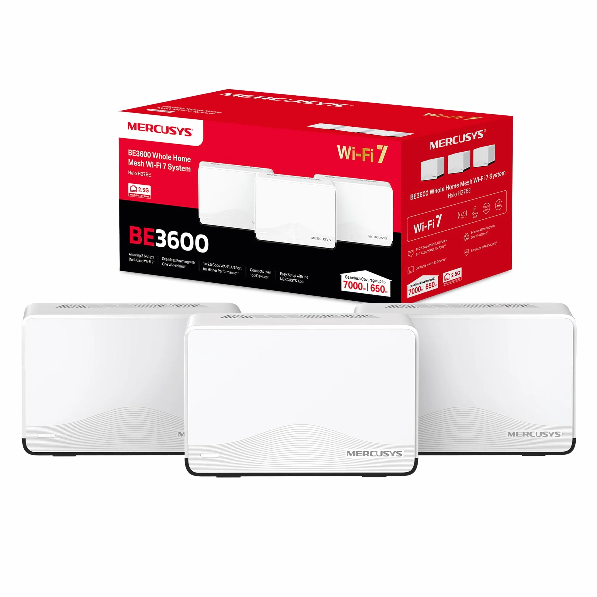 Mercusys TP-Link Halo H27BE Mesh Wi-Fi 7 BE3600Mbps Dual-Band, 2.5G Porta WAN/LAN, 2 Porte LAN Gigabit, Coperti fino a 650m2, 4K-QAM, MLO, Multi-RUs, VPN,Controllo da APP, 3pz